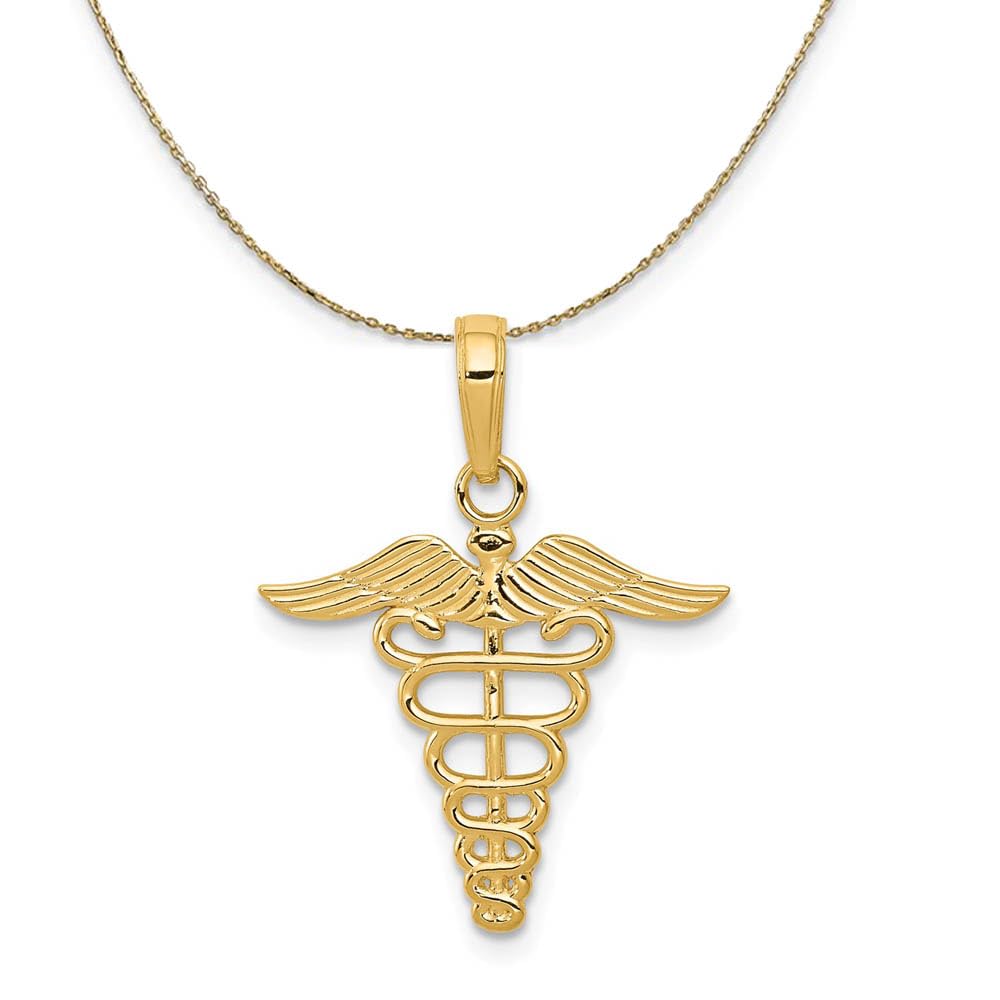 14K Yellow Gold Caduceus Medical Necklace for Women - Elegant Polished Black Bow Pendant - Perfect Gift for Nurses, Doctors & Healthcare Professionals