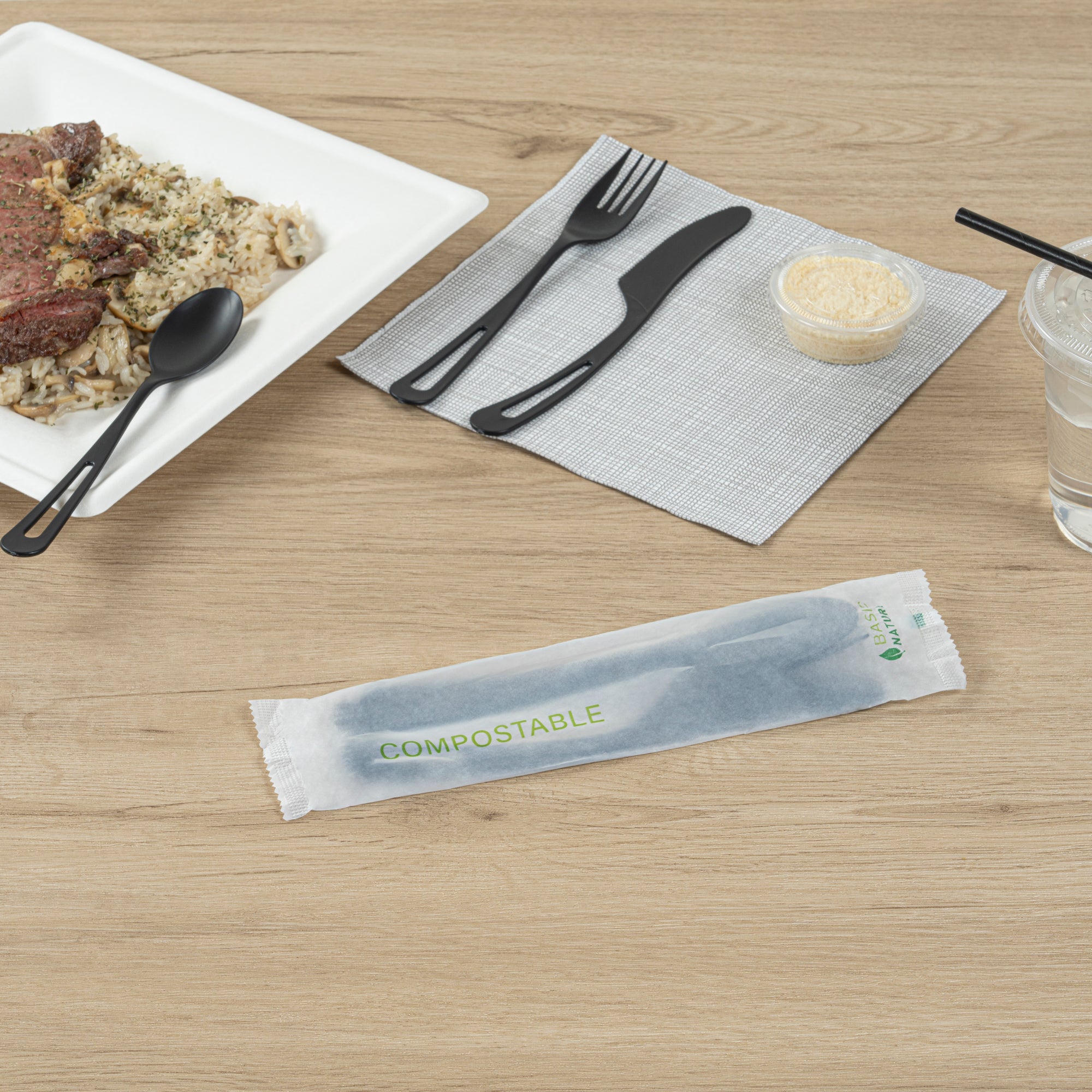 Eco-Friendly Black CPLA Plastic Cutlery Set - 100-Piece Compostable Cutlery with Heat-Resistant Wrapper (7.5