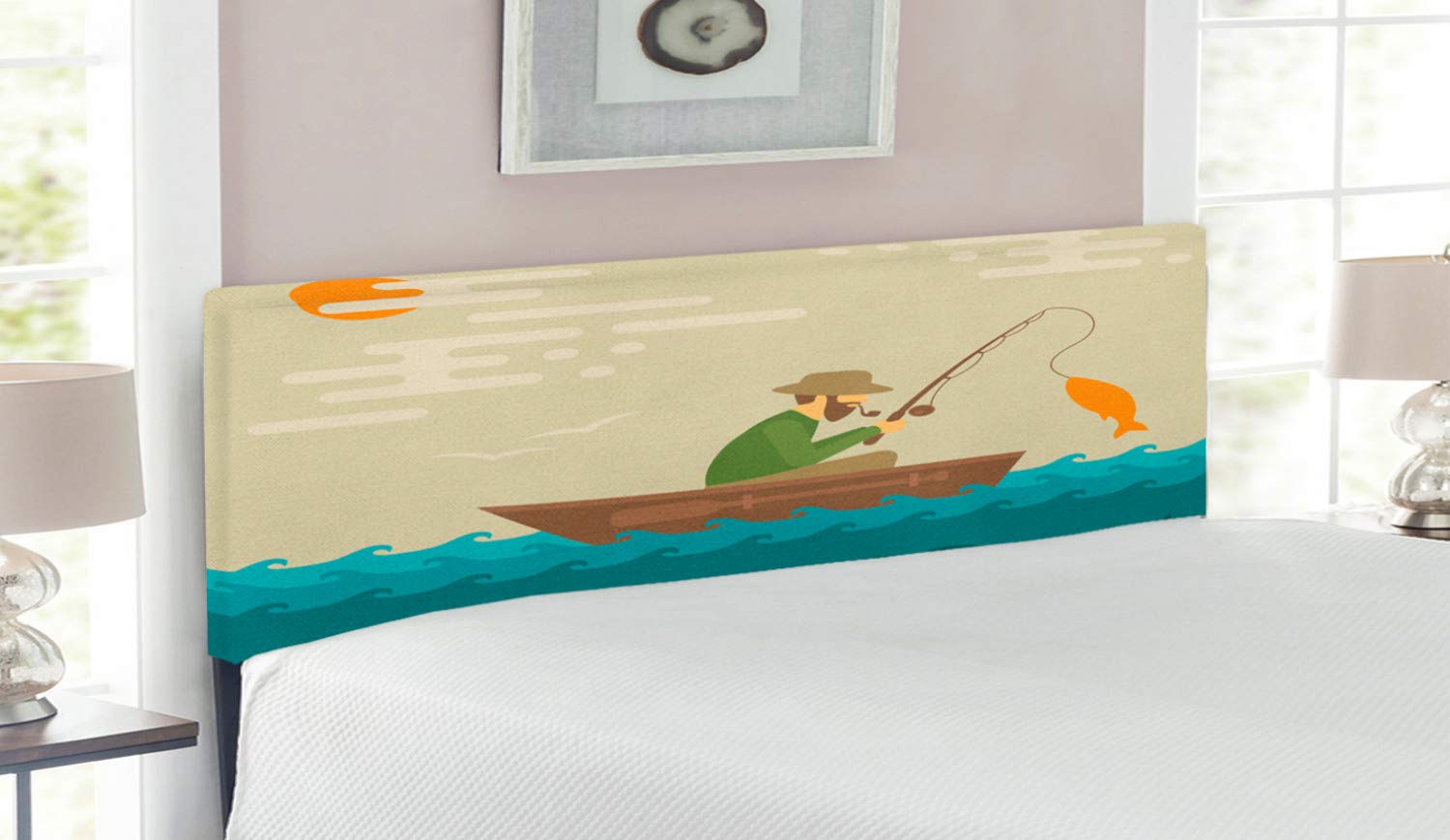 Lunarable Fishing Headboard - Digital Coastal Lake Scene with Fisherman in Vessel & Fractal Effects - Upholstered Decorative Metal Bed Frame with Memory Foam - Queen Size Multicolor - Perfect for Beach House Bedrooms, Nautical Themed Decor & Fishing Enthusiasts