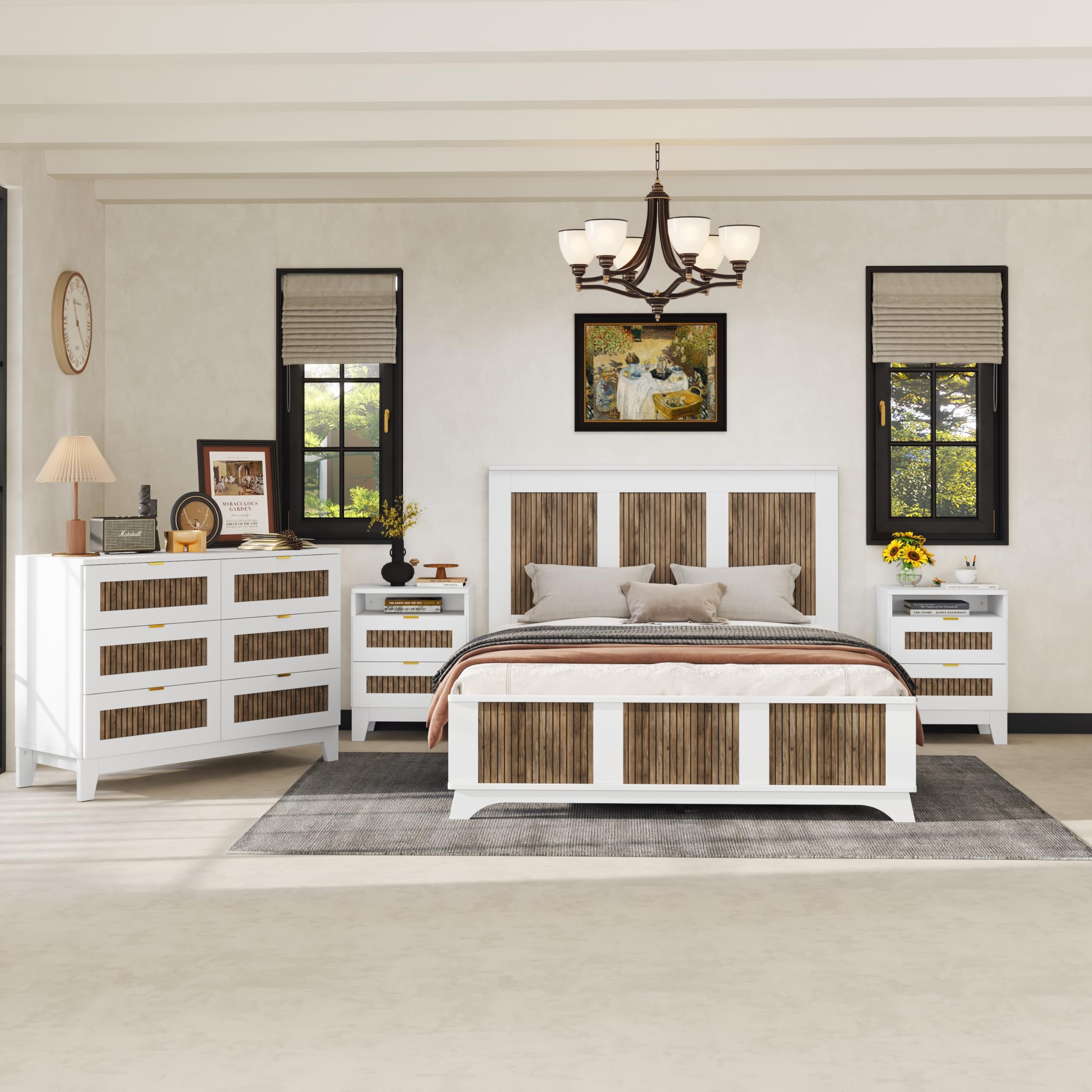 LZ LEISURE ZONE 4-Piece Queen Size Farmhouse Bedroom Set - White Wooden Platform Bed with Storage Nightstands & Dresser - Rustic Home Decor for Master Bedroom or Guest Room