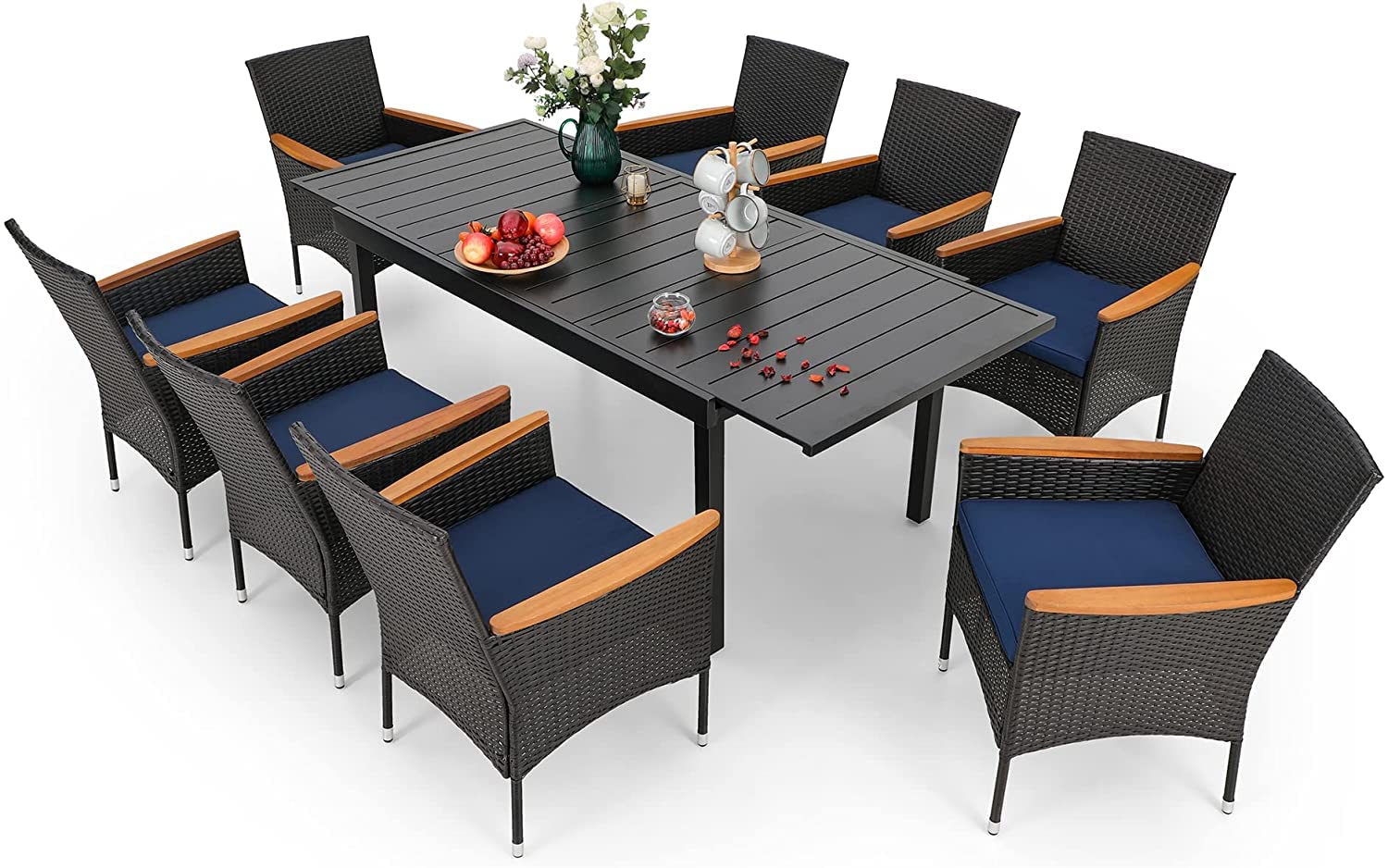 PHI VILLA 9-Piece Outdoor Patio Dining Set for 8 - Expandable Rectangular Metal Table with Rattan Cushioned Chairs - Weather-Resistant Garden Furniture for Backyard, Deck, Poolside & Outdoor Entertaining