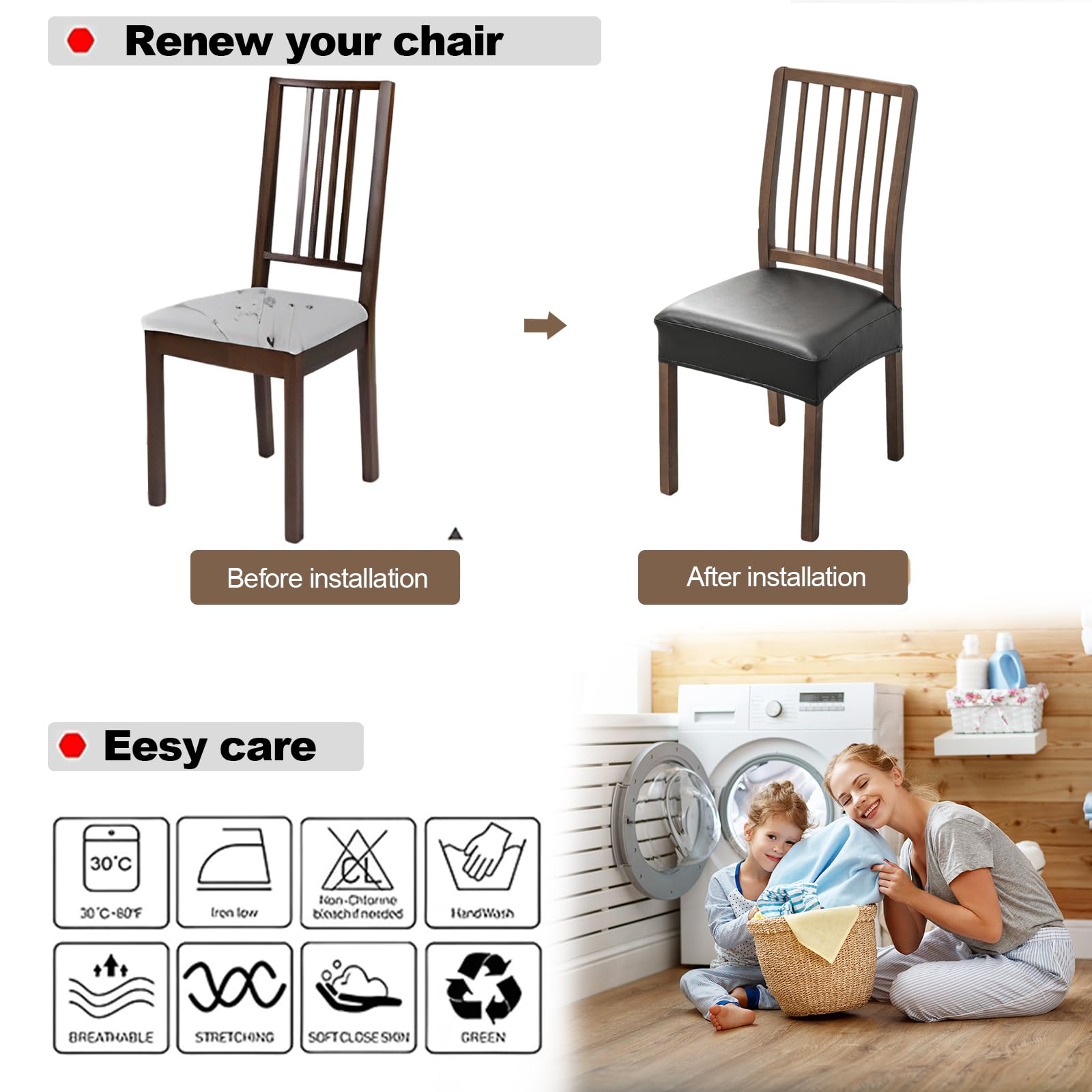 Waterproof PU Leather Dining Chair Covers Set of 4 - Washable & Stretch Fit for Kitchen & Dining Room