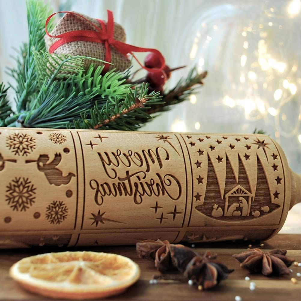 Christmas Nativity Embossing Rolling Pin - Wooden Non-Stick Cookie Dough Roller for Holiday Baking | Perfect for Christmas Cookies, Gingerbread, and Festive Pastry Making