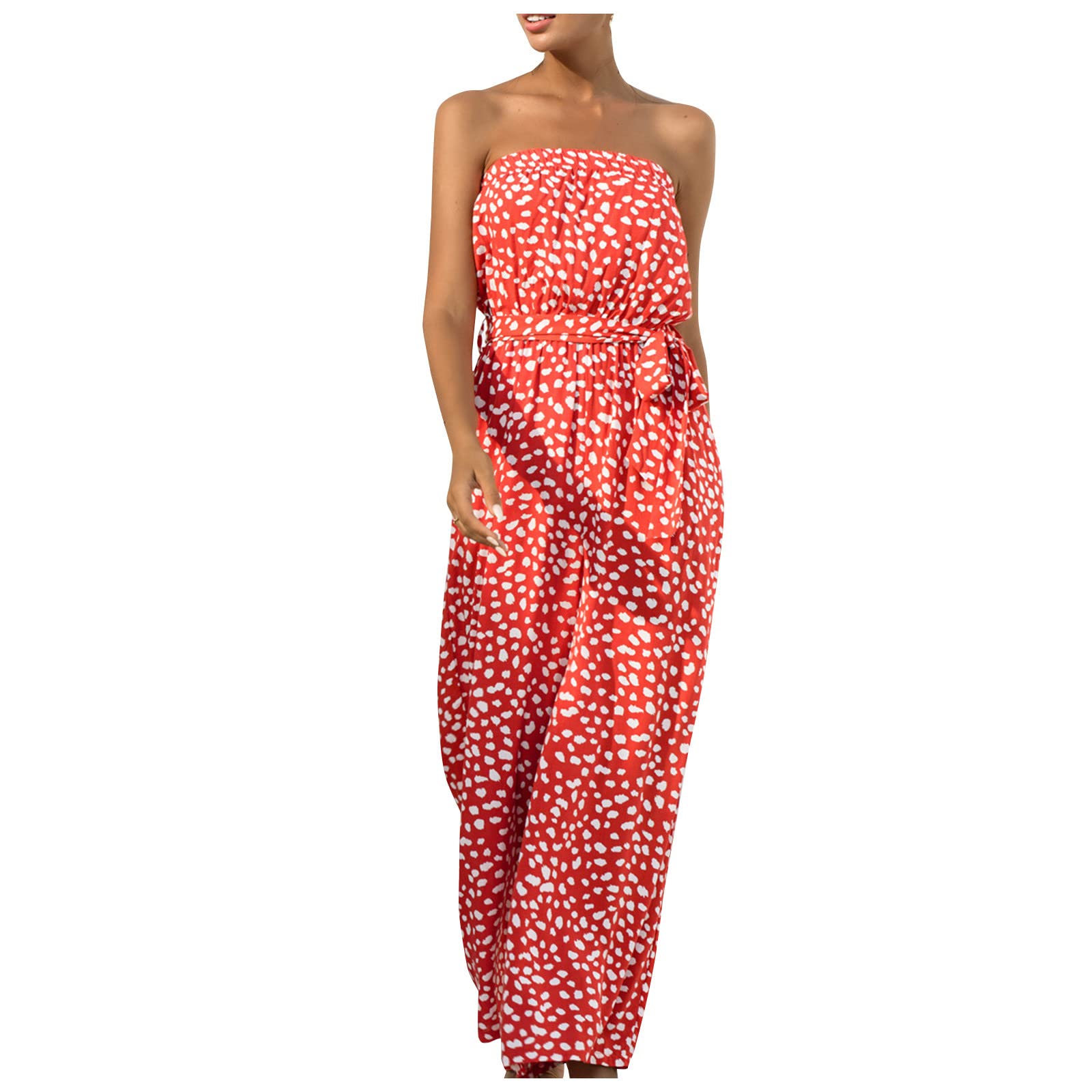 Women's Leopard Print Off-Shoulder Sleeveless Jumpsuit - Tie Waist Long Maxi Romper with Pockets | Sexy Summer Outfit for Beach, Party & Vacation