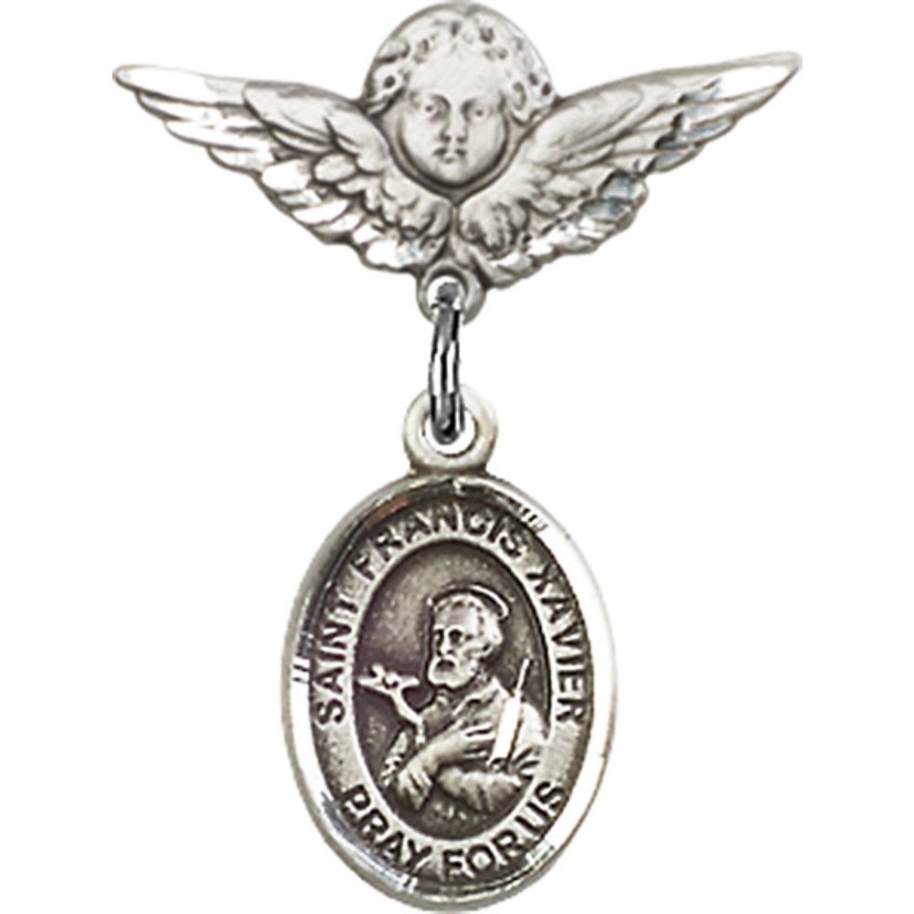 St. Francis Xavier Sterling Silver Baby Badge with Angel Wing Charm - 7/8