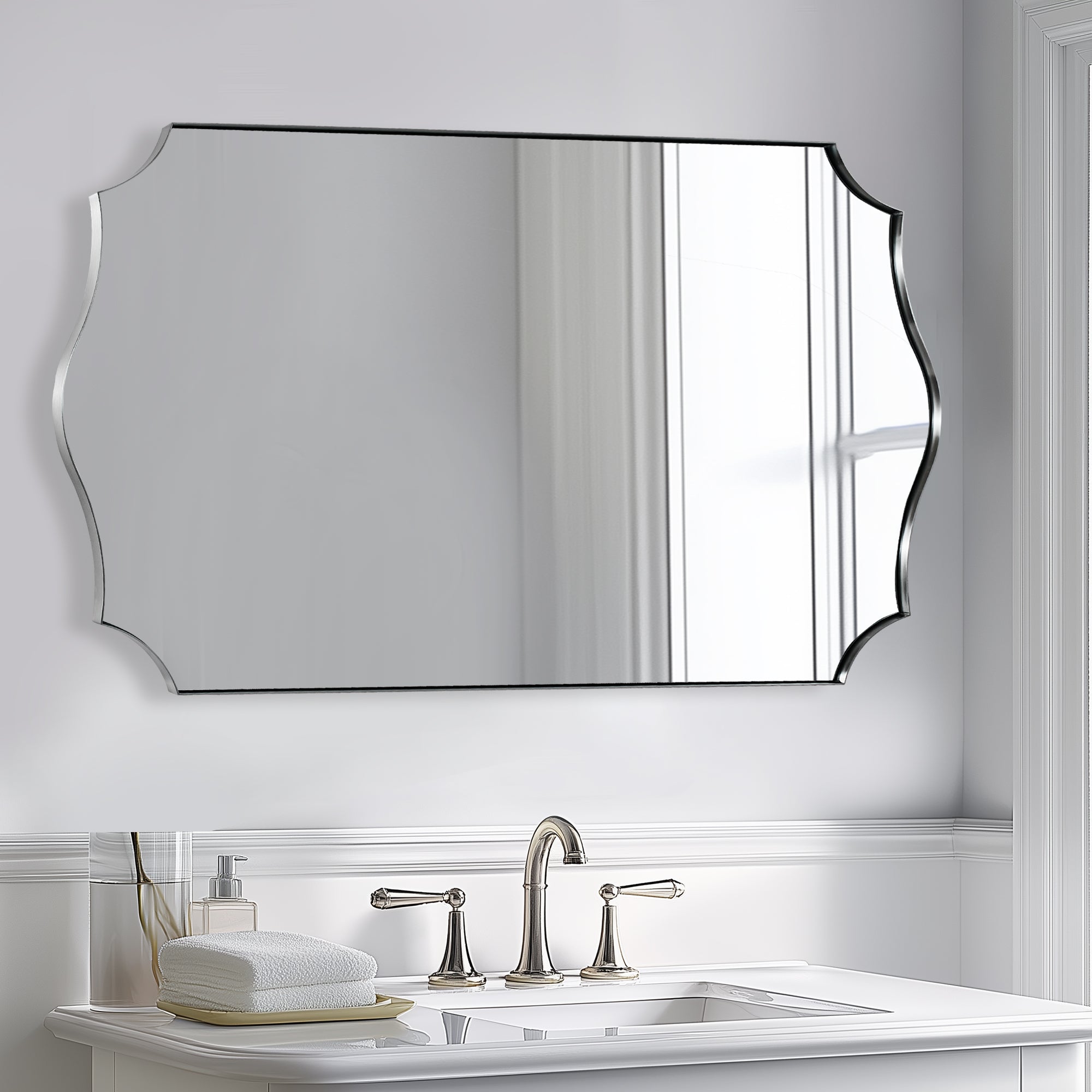 Contemporary Scalloped Rectangle Wall Mirror with Stainless Steel Frame - Elegant Home Decor for Living Room, Bedroom & Entryway