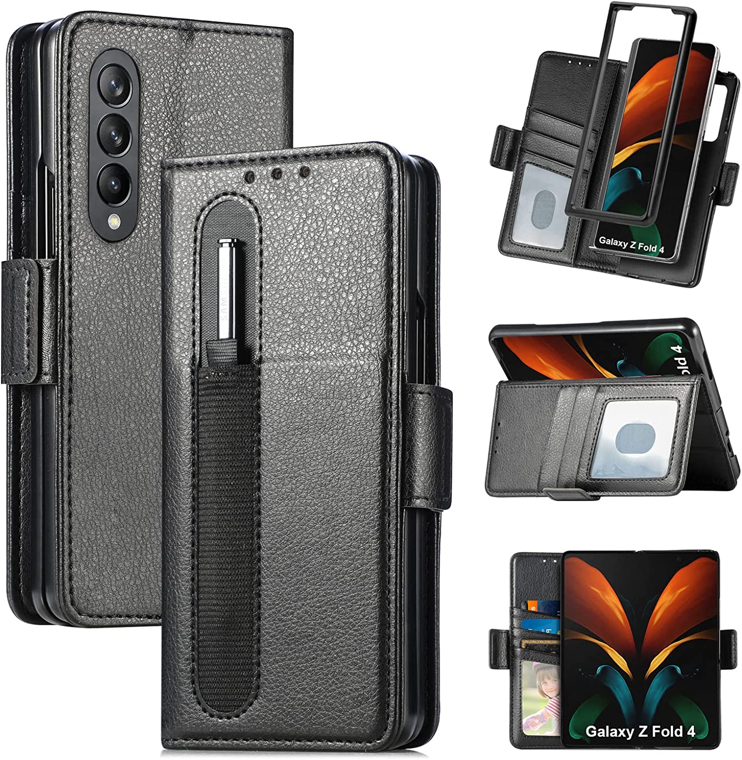 Samsung Galaxy Z Fold 4 Wallet Case with S Pen Holder & Card Slot - Premium Leather Protective Cover for Z Fold 4 (Black) - Perfect for Business Professionals & Travelers