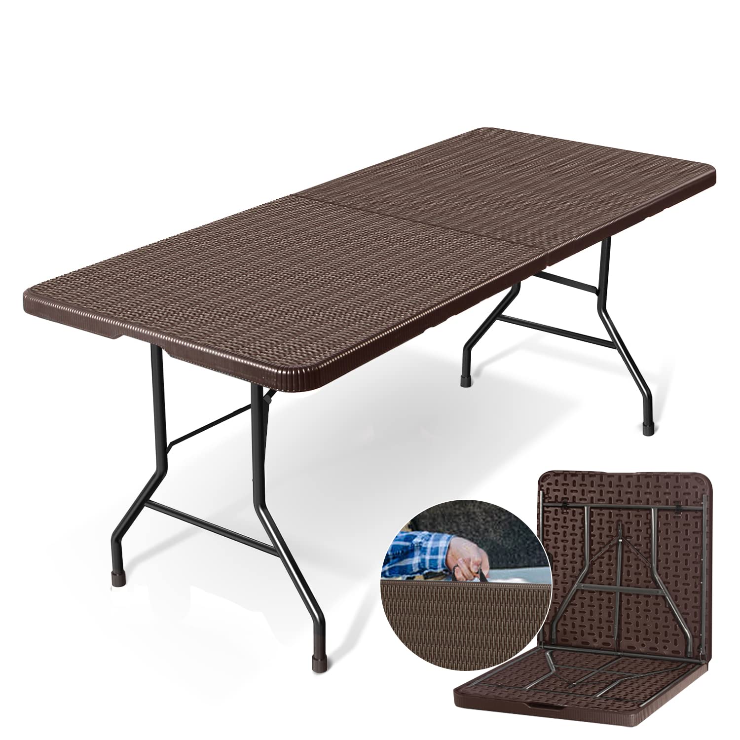 Todeco 6FT Heavy Duty Folding Table - Imitated Rattan Portable Indoor Outdoor Picnic Party Dining Camping Table with Handle, Brown - Perfect for Backyard BBQ, Beach Trips & Tailgating