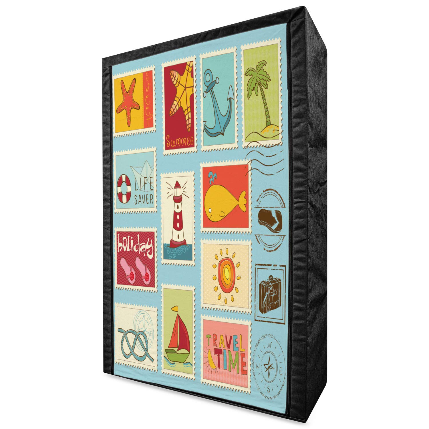 Ambesonne Seascape Portable Fabric Wardrobe - Nautical Lighthouse Anchor Beach Theme Clothing Organizer with Shelves, 42.5 Inch Multicolor - Perfect for Bedroom Closet Storage, Vacation Home & Dorm Room Organization