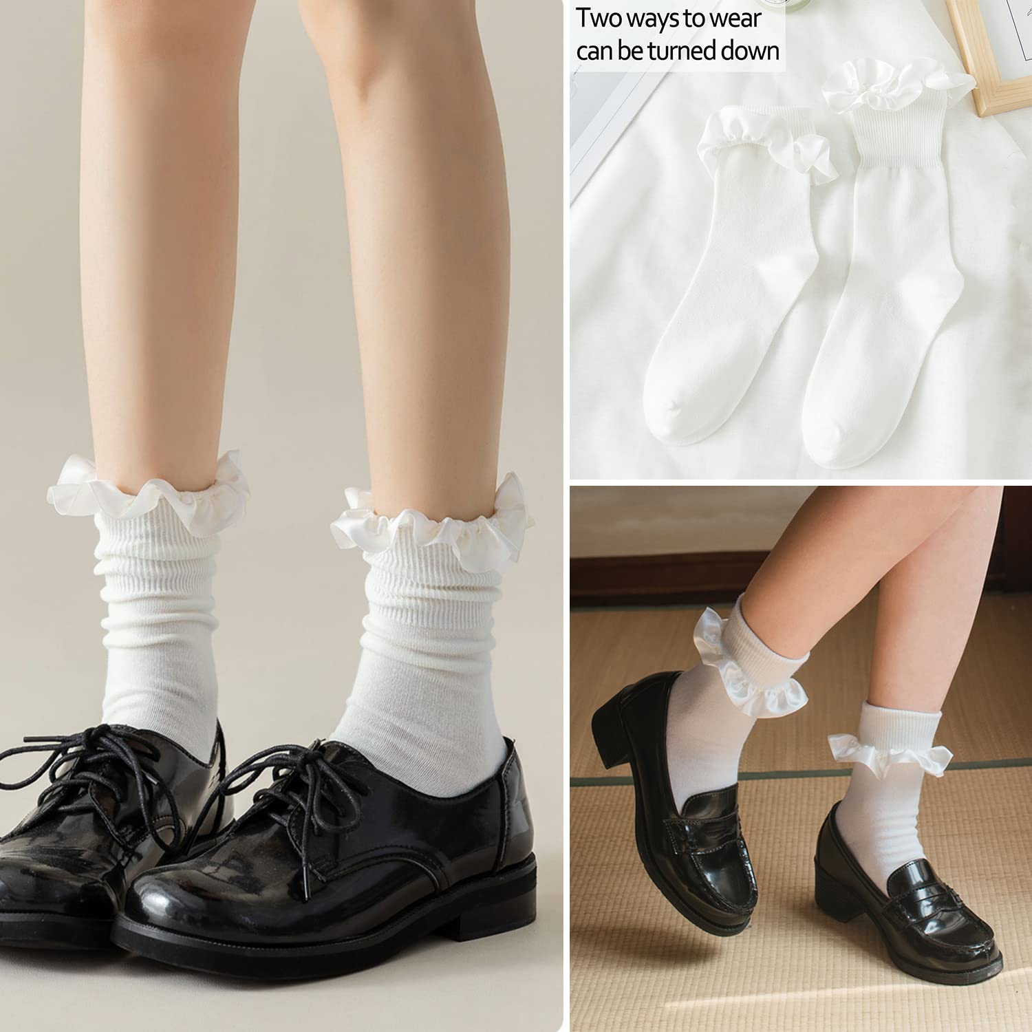 BIVOLU Women's Lace Ruffle Crew Socks - 6 Pack Cotton Ankle Dress Socks for Girls | Cute Princess Style | Perfect for School, Parties & Everyday Wear