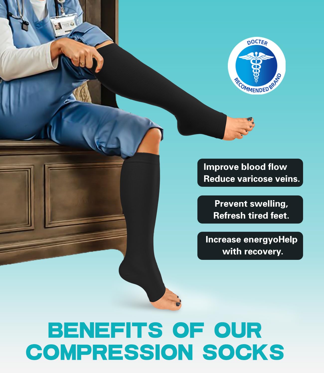 ACTINPUT Open Toe Compression Socks for Women & Men - 2 Pairs 15-20 mmHg Knee High Graduated Toeless Socks for Circulation, Running & Travel - Perfect for Nurses, Athletes & Long Flights