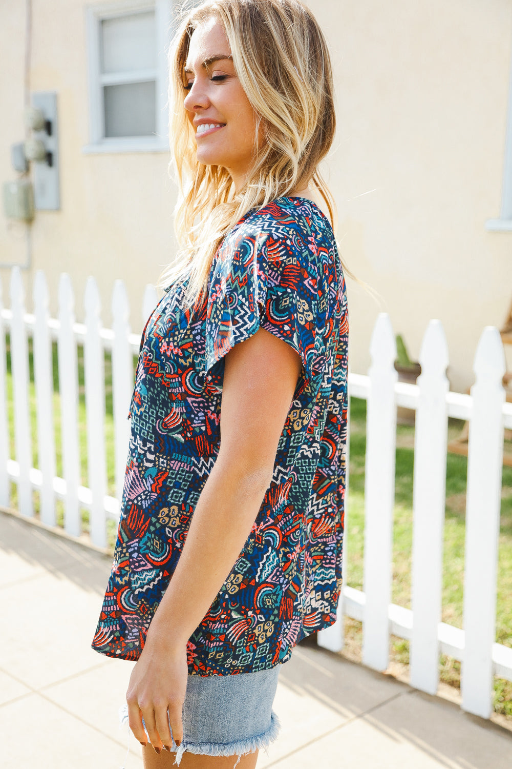 Boho Print Tie Neck Raglan Top - Navy Blue Women's Casual Blouse for Summer Outfits & Beach Vacations