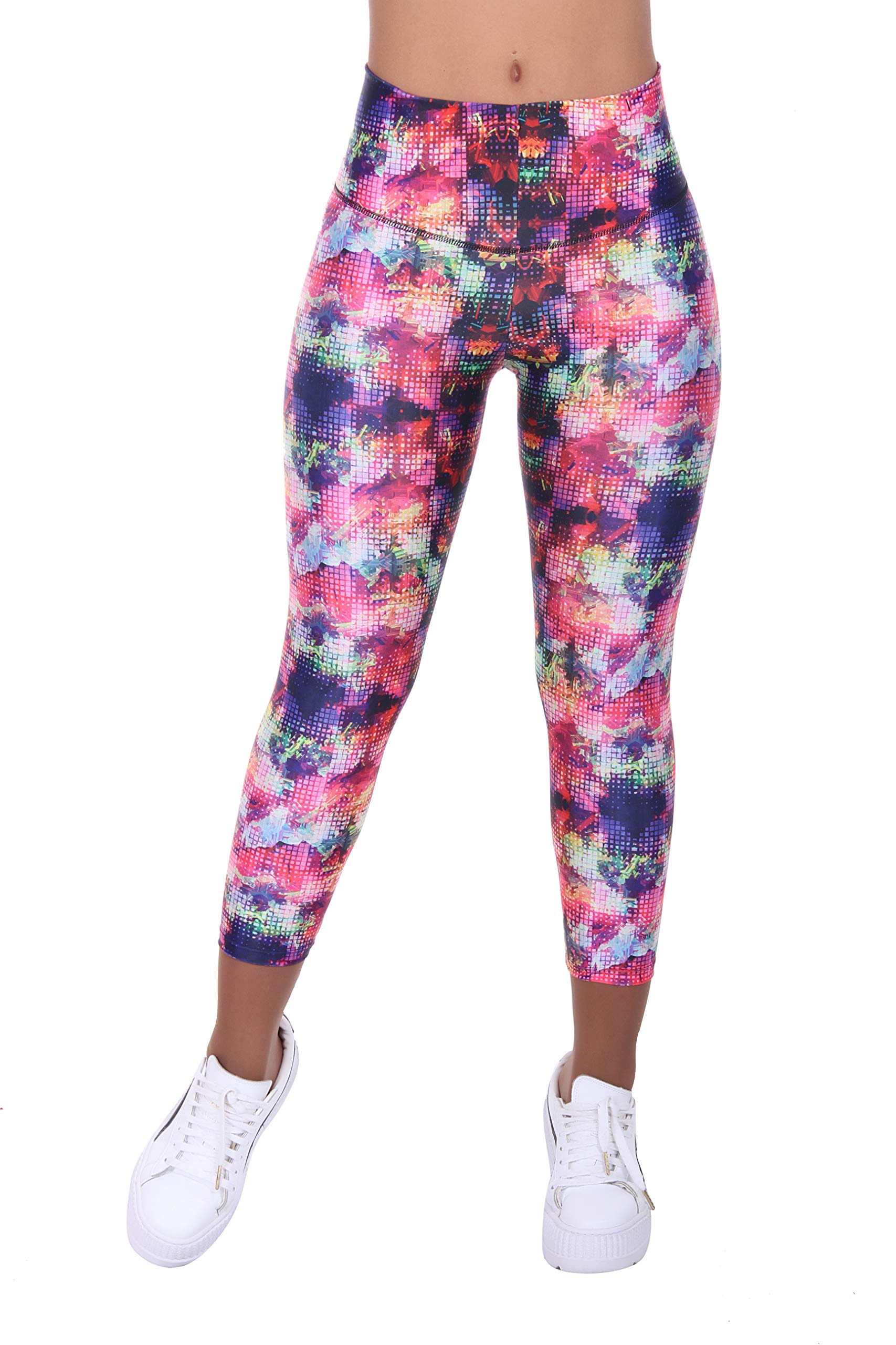 Women's High Waisted Capri Leggings - Pink & Purple Floral Print with Built-in Body Shaper & Butt Lifting - Tummy Control Workout Yoga Pants for Gym, Running & Casual Wear