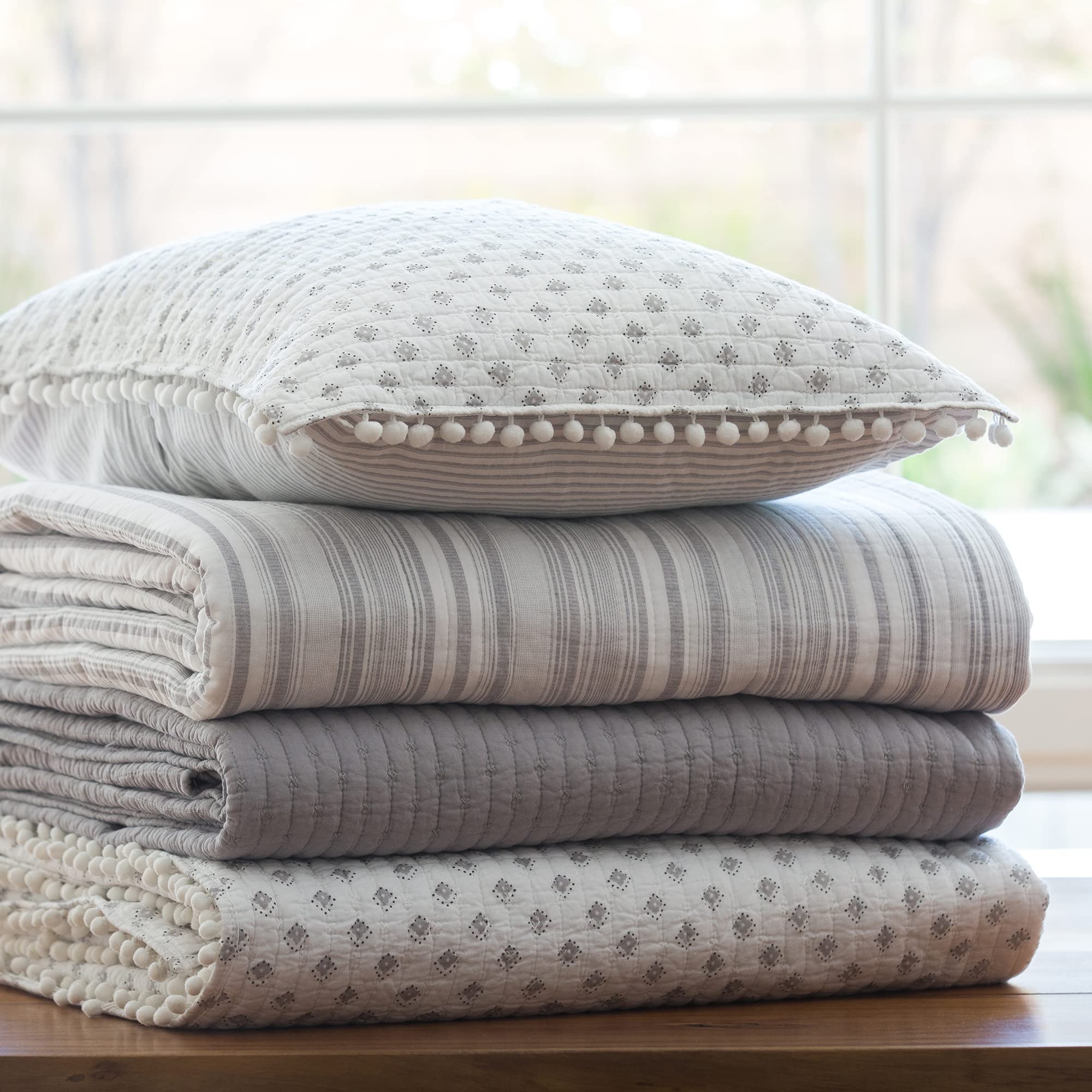 Levtex Home - 100% Cotton Reversible Cross Stitch Light Grey Quilt Set - Full/Queen Size (88x92in) with 2 Standard Shams (26x20in) - Soft Bedding for Cozy Bedroom Decor & Guest Room Essentials