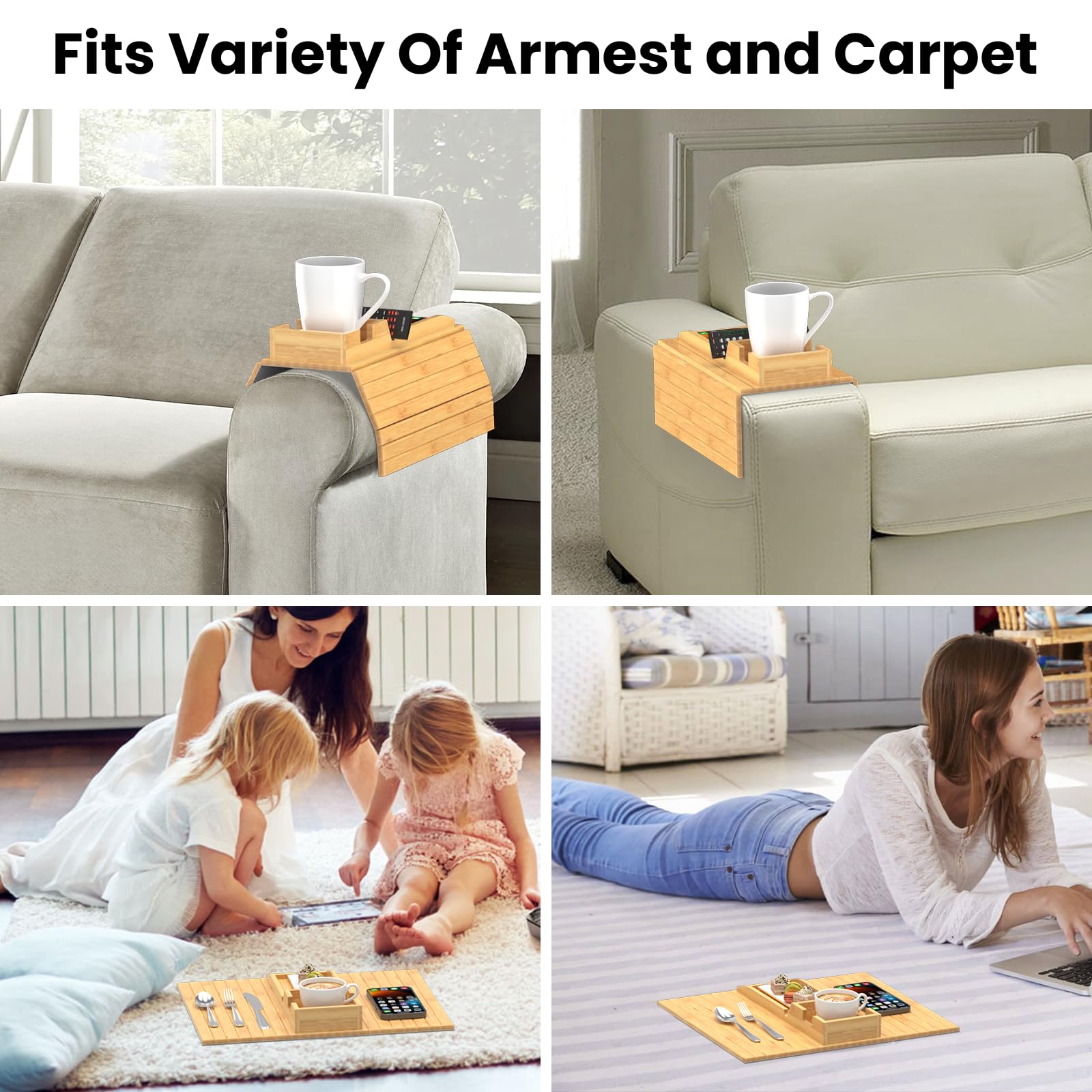 Bamboo Sofa Armrest Tray with Detachable Cup Holder - 2-in-1 Foldable Couch Table for Drinks, Snacks & Remote Control - Non-Slip Design for Living Room, Bedroom & Office Use