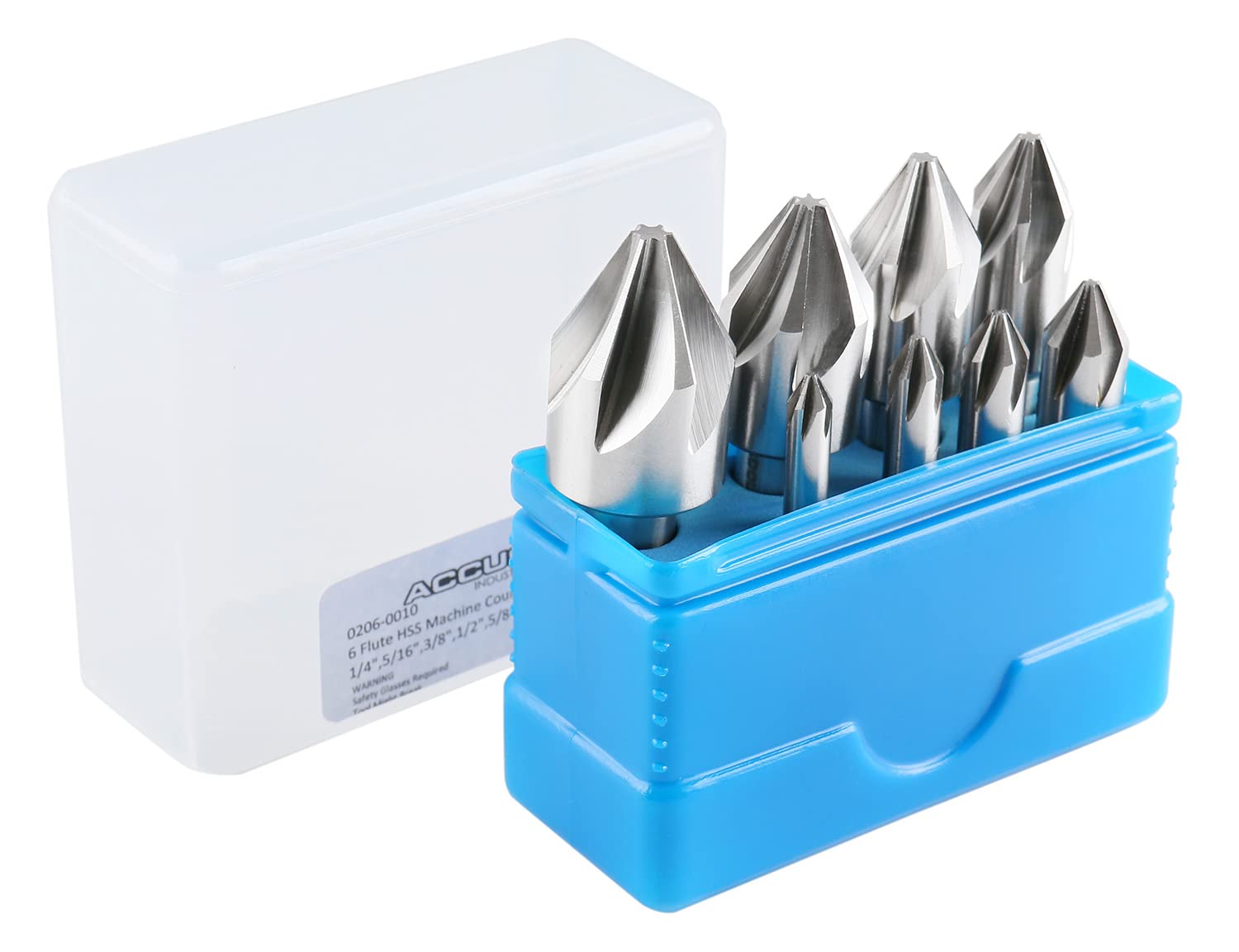 Accusize Industrial Tools 60 Degree 6 Flute HSS Machine Countersink Set - 8 Pcs Precision Ground for Metalworking, Woodworking & DIY Projects - Model 0206-0010