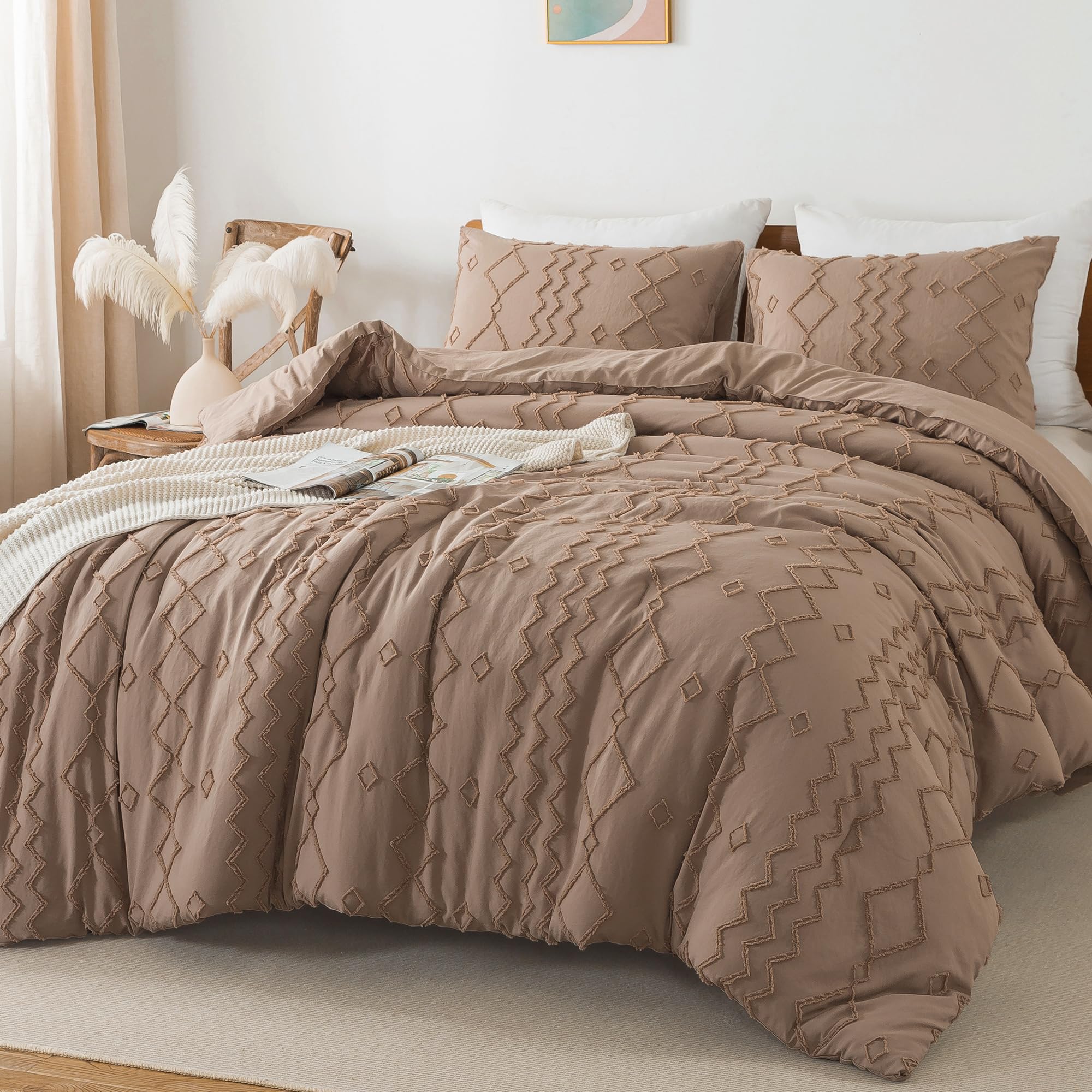 **Andency Taupe Tufted Comforter Set King (104x90 Inches) – 3-Piece Boho Farmhouse Bedding with Geometric Design, Soft Microfiber Down Alternative – Perfect for Cozy Bedrooms & Guest Rooms**