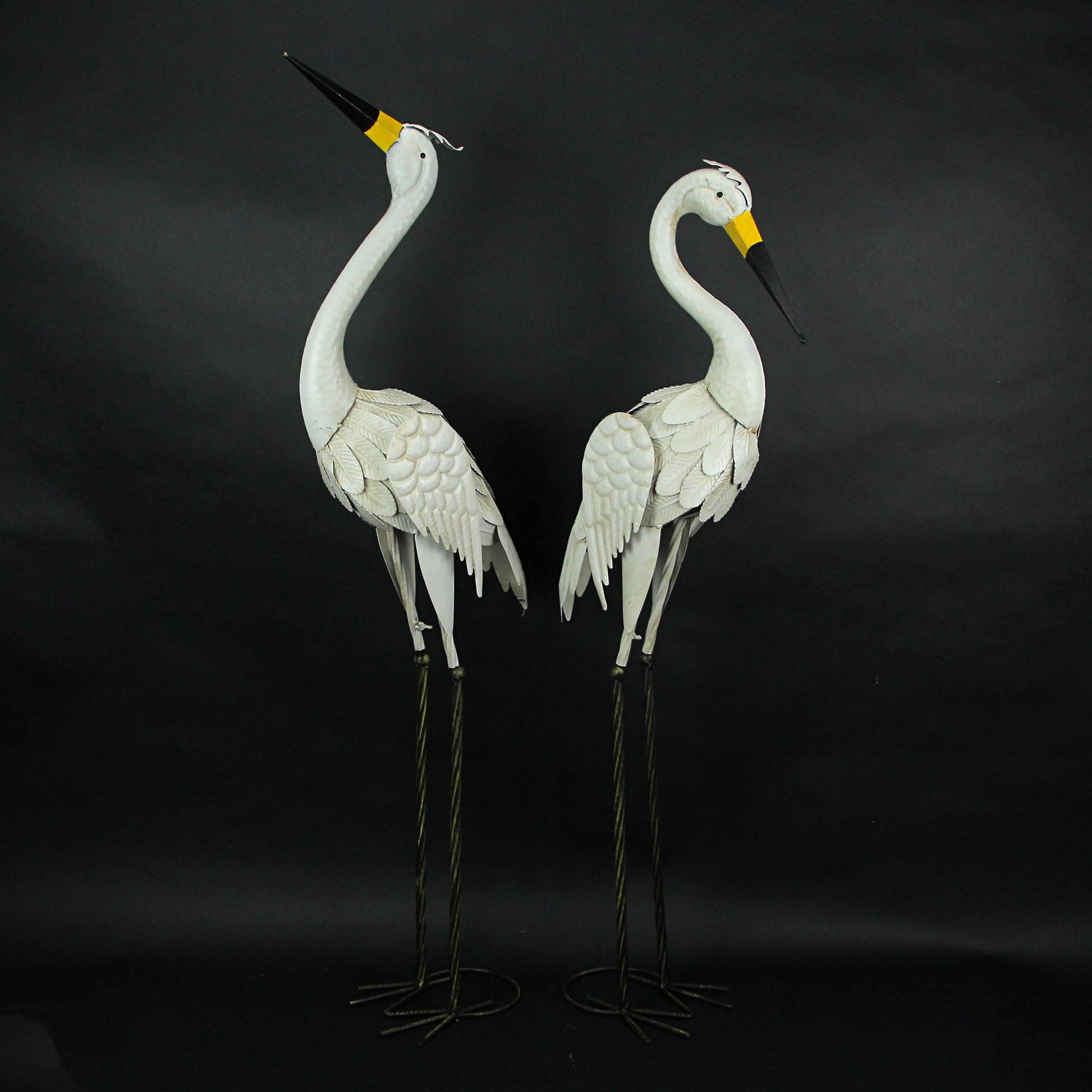Premium Set of 2 White Heron Metal Garden Sculptures - 45.5