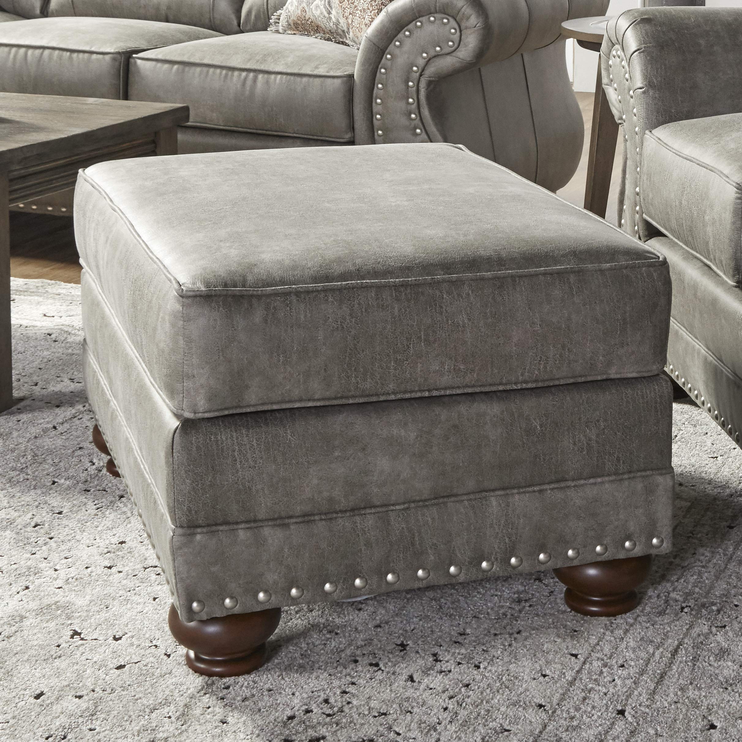 Roundhill Furniture Leinster Faux Leather Upholstered Nailhead Ottoman Footrest Stool - Stone Gray, Modern Living Room Decor, Bedroom Accent, Comfortable Seating for Home Office