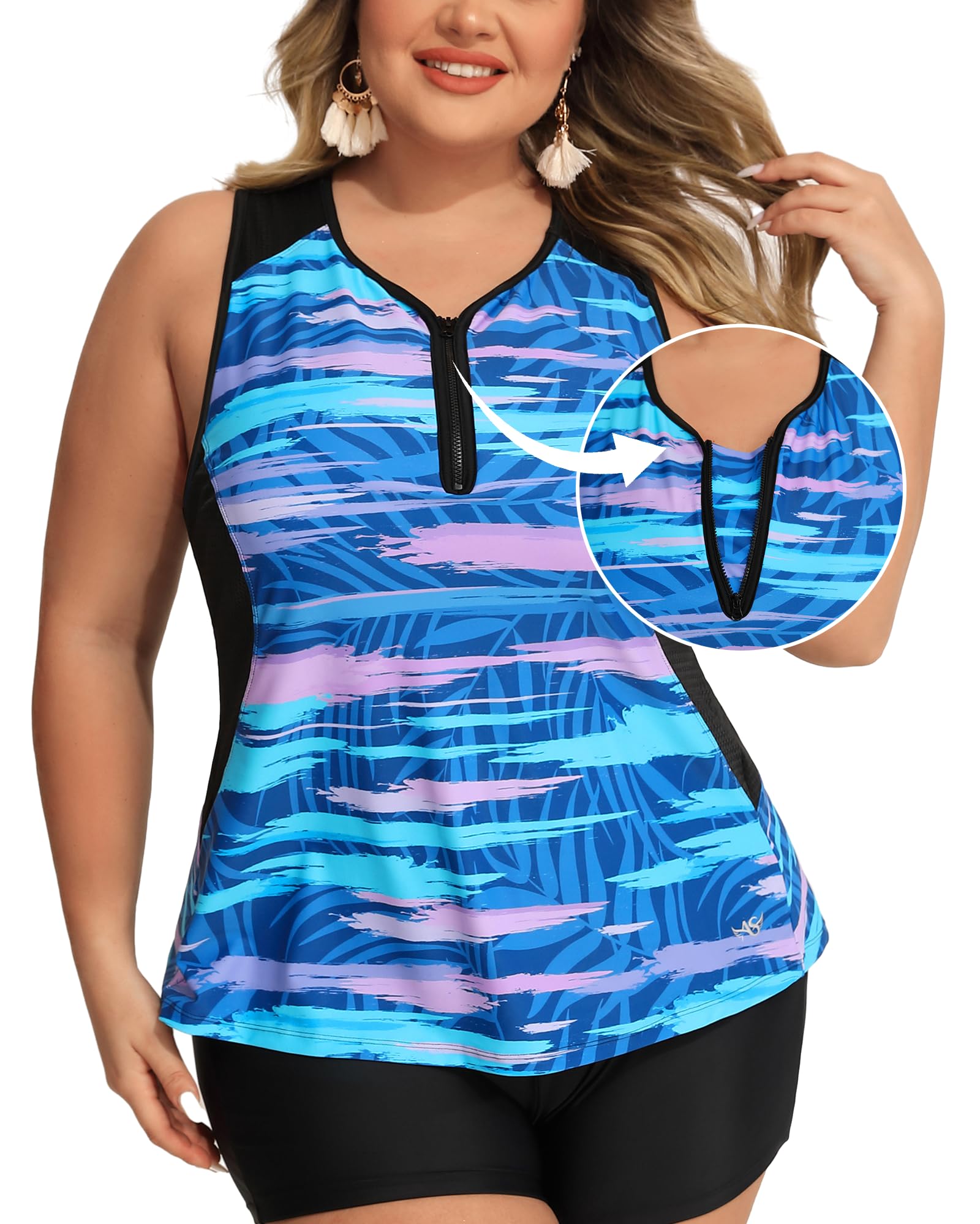 Plus Size Tankini Swimsuits for Women - Tummy Control Zippered Swimwear Top | Angel Season | Perfect for Beach, Pool & Summer Vacations