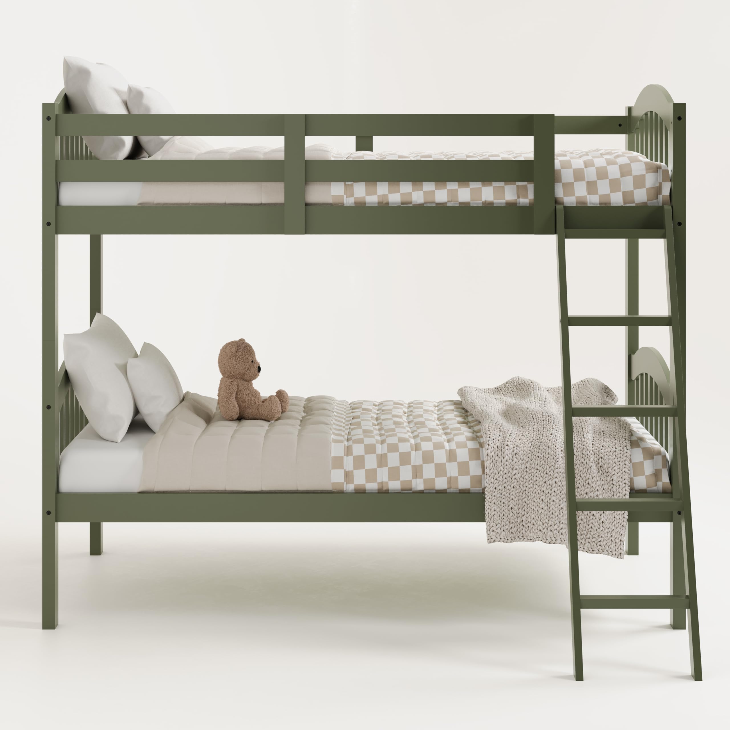 Storkcraft Long Horn Twin-Over-Twin Bunk Bed in Olive - GREENGUARD Gold Certified, Converts to 2 Separate Twin Beds, Sturdy Wood Slats, Space-Saving Kids Bunk Bed for Siblings or Sleepovers - Perfect for Small Bedrooms, Guest Rooms, and Kids' Shared Spaces