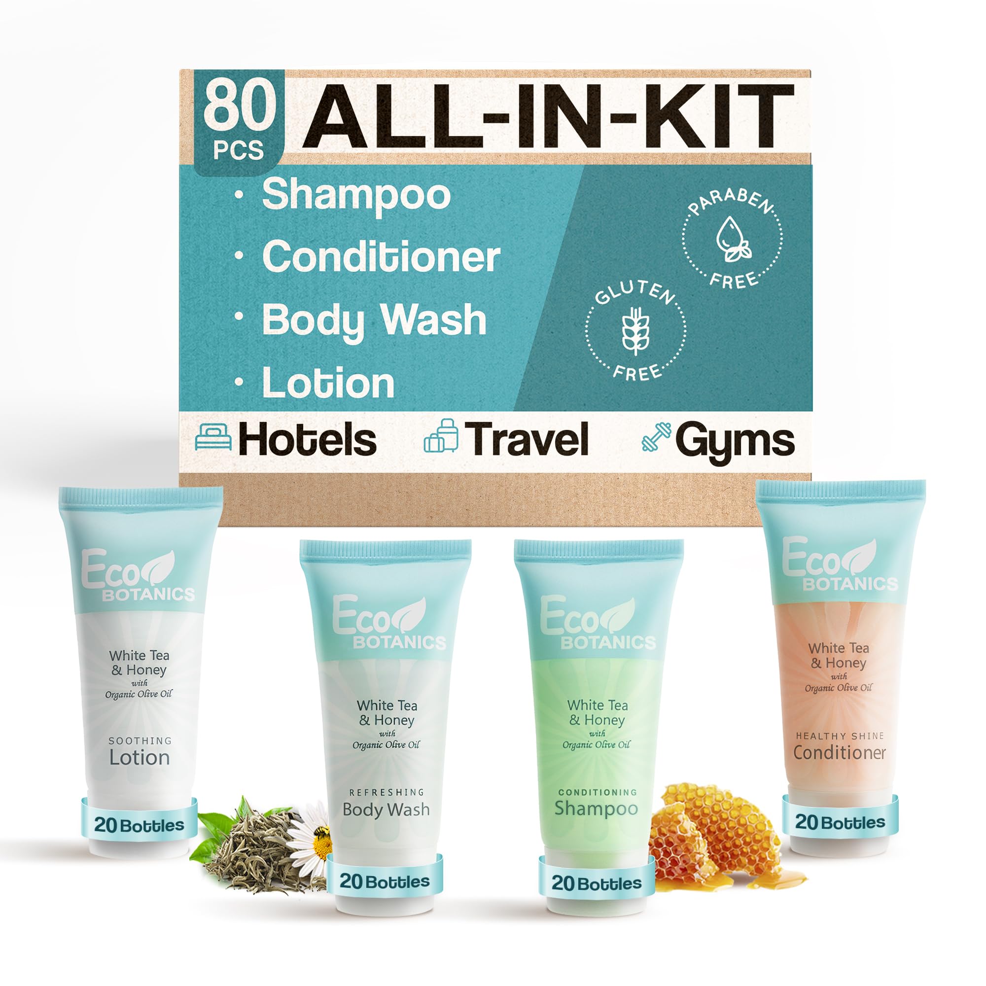 Eco-Friendly Travel Toiletries Set - 80pc Hotel Amenities Kit with 0.85oz Shampoo, Conditioner, Body Wash & Lotion | Bulk Mini Toiletries for Hotels, Airlines, Spas & Guest Gifts | Sustainable Botanical Personal Care Products
