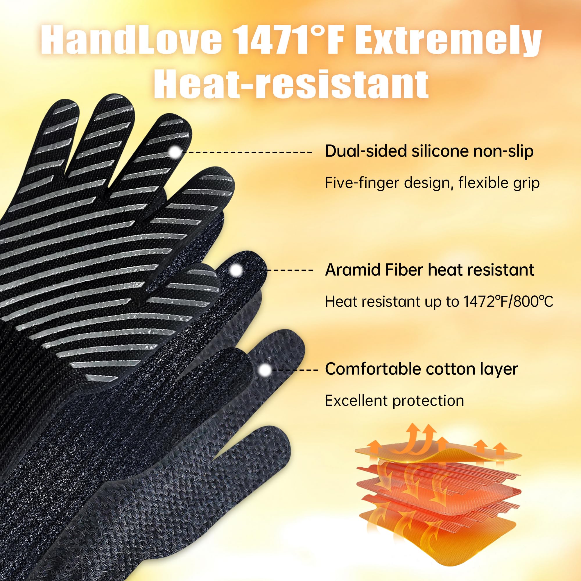Heat Resistant BBQ Gloves for Grilling & Cooking - 1472℉ Oven Mitts with Silicone Grip & Aramid Cotton Lining - Long Cuff Protective Gloves for Chefs, Baking, Outdoor BBQ & Kitchen Use - Perfect for Camping, Backyard Parties & Professional Kitchens (Black, Large)