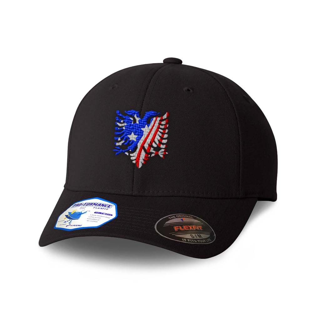 Custom Flexfit Baseball Cap with Albanian & American Flag Embroidery - Adjustable Polyester Dad Hat for Men & Women - Perfect for Sports, Outdoor Activities & Patriotic Events