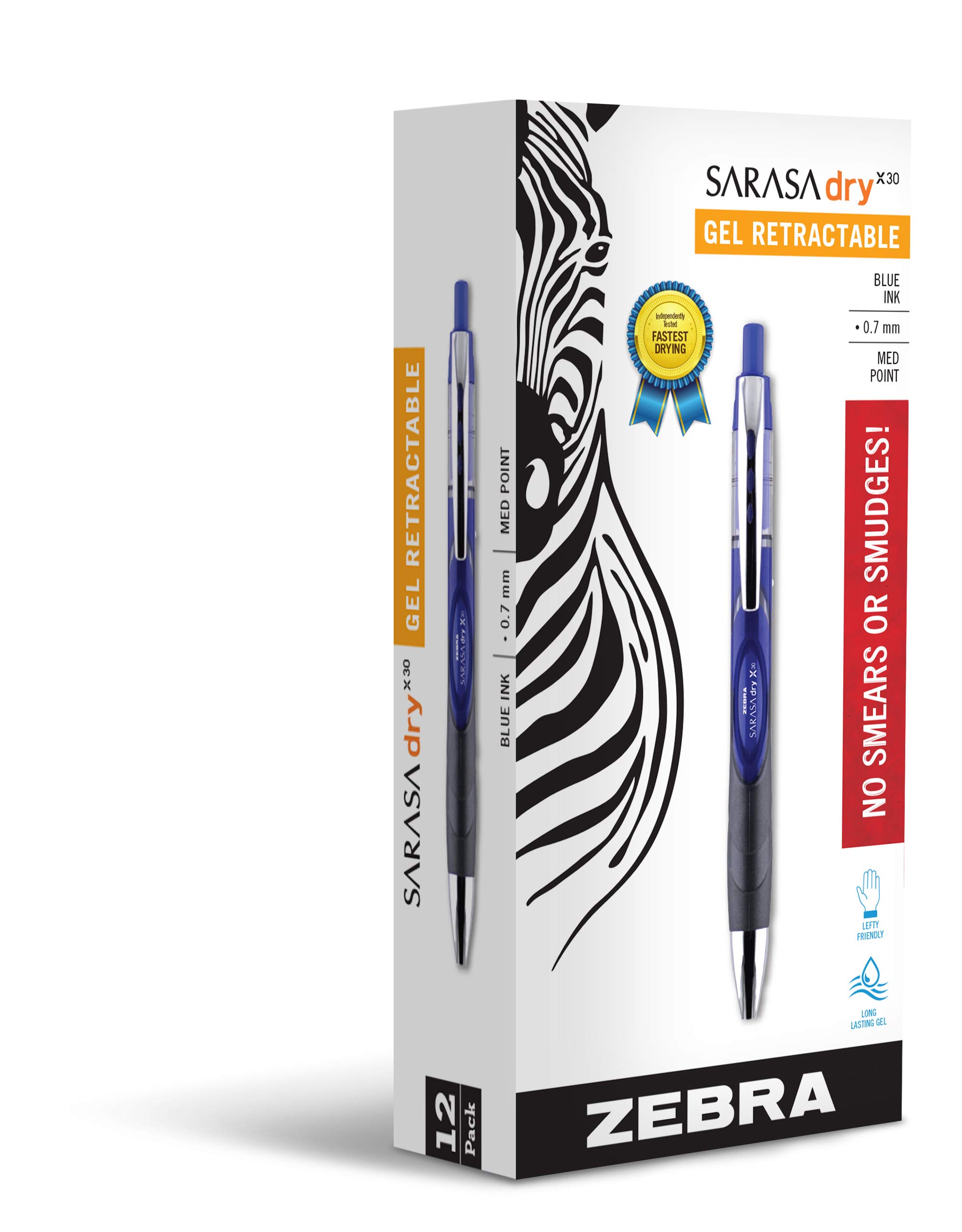 Zebra Sarasa Dry X30 Retractable Gel Pens - 0.7mm Medium Point, Quick-Drying Blue Ink, 12-Pack (Black 47120) - Perfect for Office, School, Note Taking & Journaling