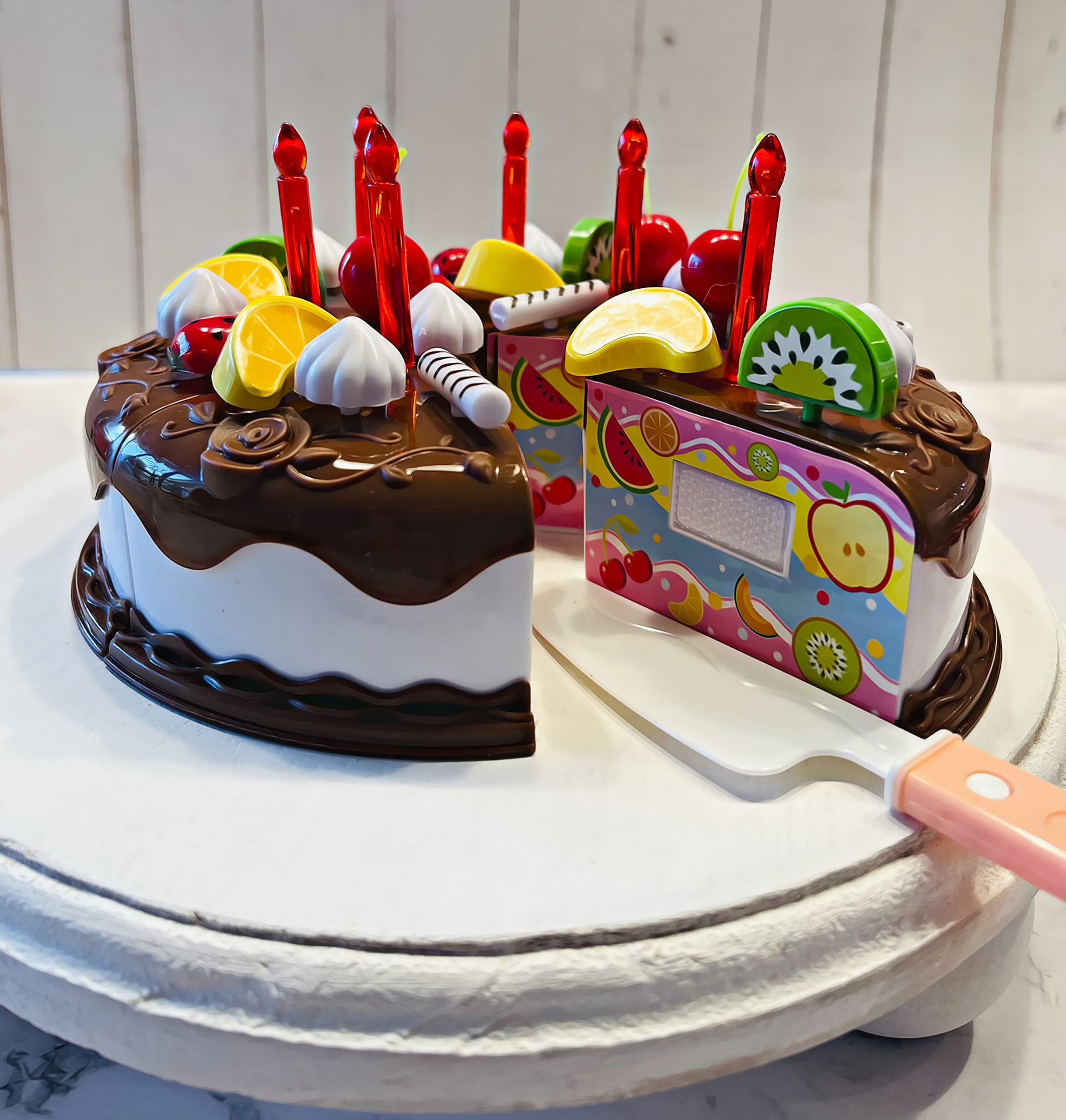 Fake Birthday Cake Decor - Realistic Chocolate Fruit & Candles Cake for Party Table Centerpiece | Wedding, Baby Shower & Birthday Party Decoration