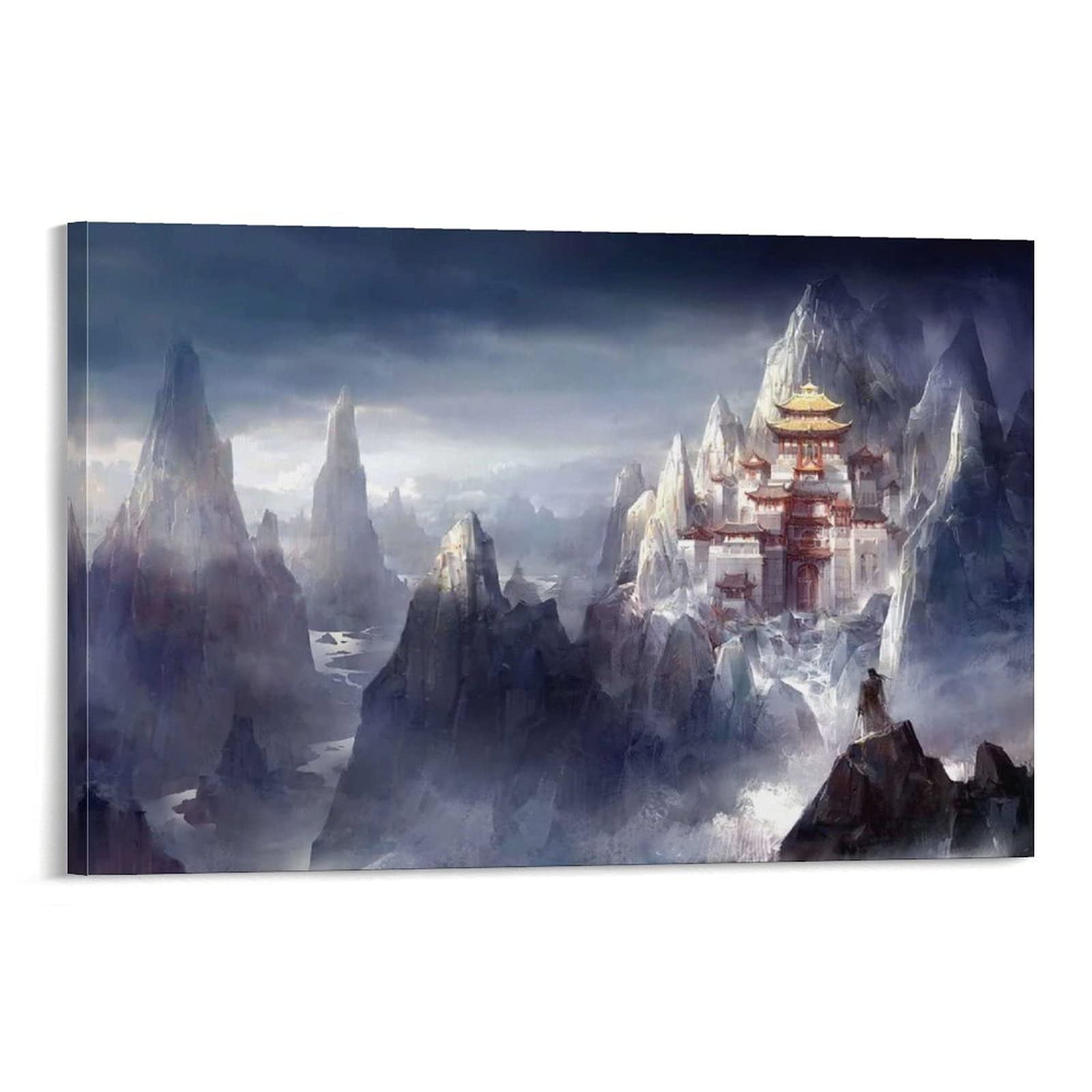 Fantasy Art Poster - Mountain Temple Landscape Canvas Painting Print for Home & Office Decor - Aesthetic Wall Art for Living Room, Bedroom & Study - Perfect for Meditation & Relaxation Spaces