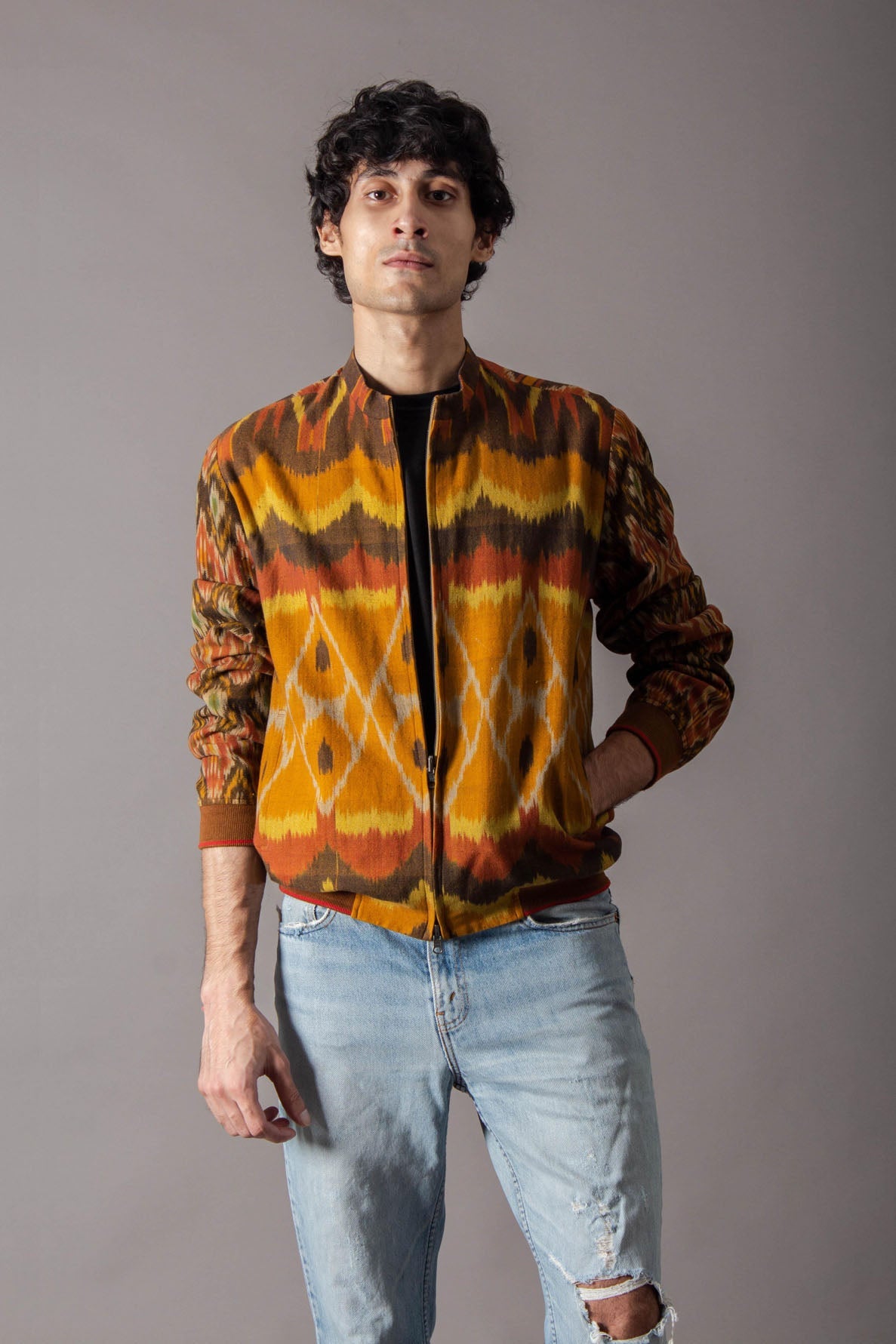 Jaanbaaz Bomber Cotton Ikat Jacket for Men - Lightweight & Stylish Outerwear for Casual Wear, Travel & Street Fashion
