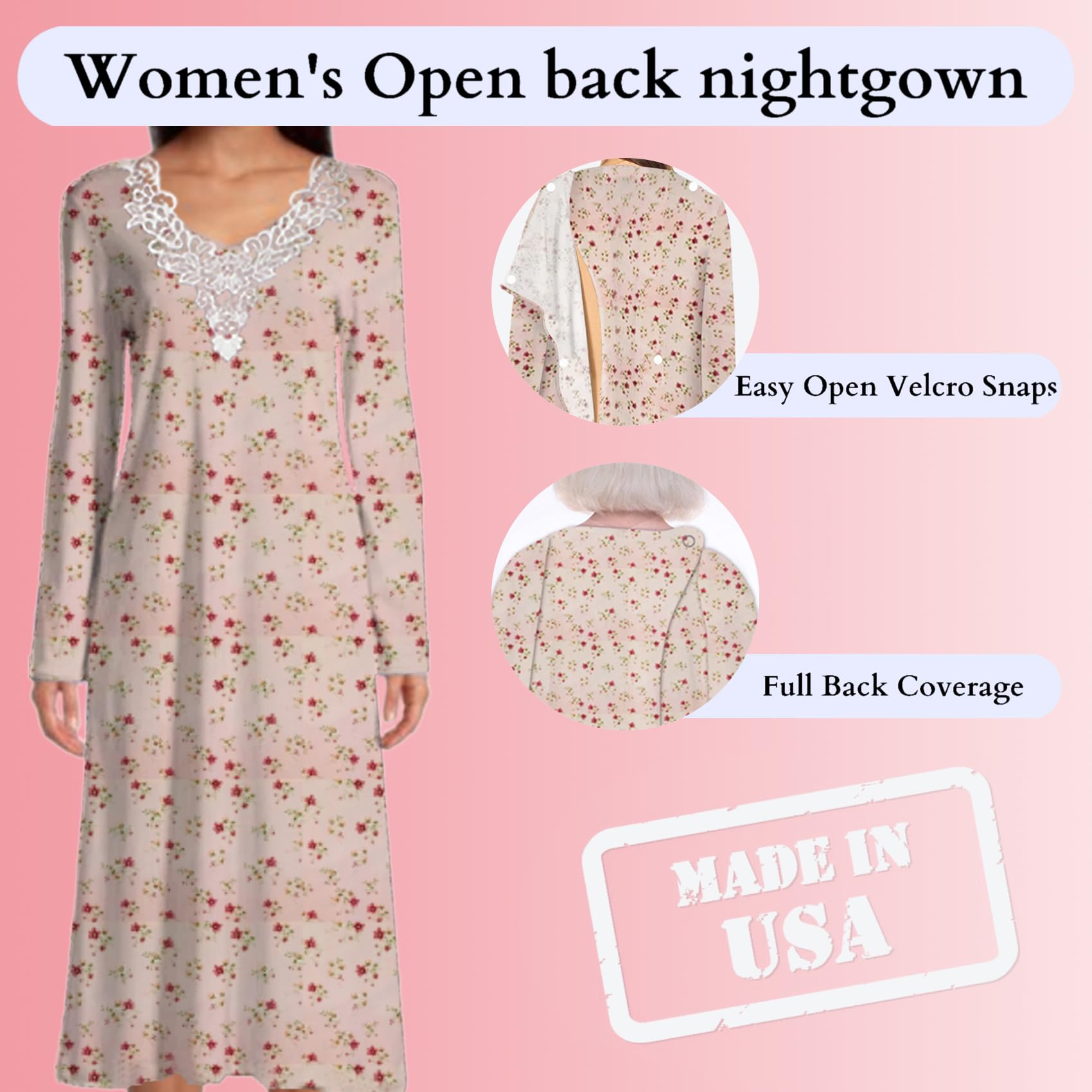6-Pack Women's Open Back Nightgowns - Long Sleeve Floral Print Lace Hospital Gowns for Bedridden Patients - Comfortable Hospice & Post-Surgery Nightwear for Elderly Care & Home Recovery