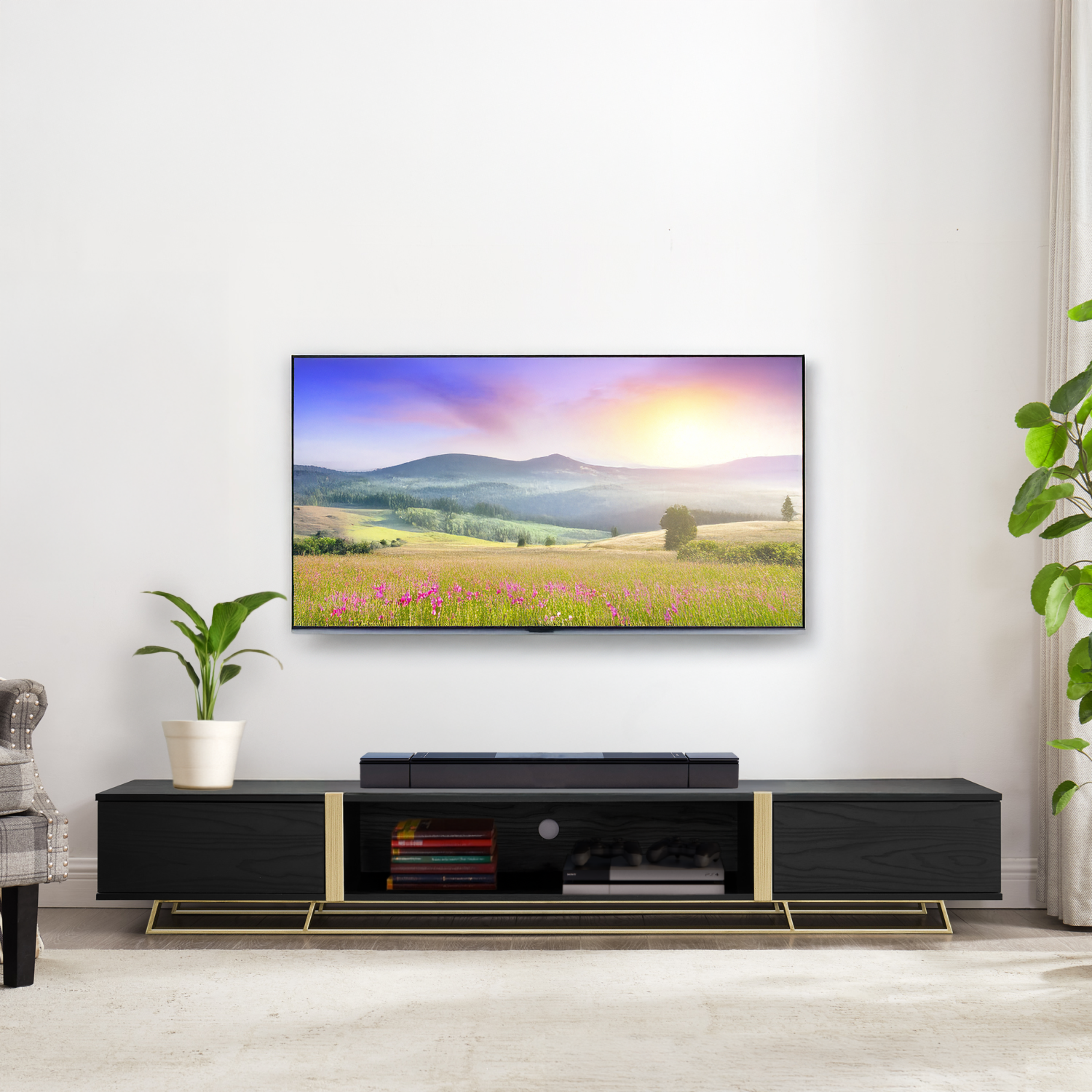 Modern Capri TV Stand 2000mm Low Profile Entertainment Center in Black Oak & Gold - Perfect for Living Room, Home Theater & Media Storage