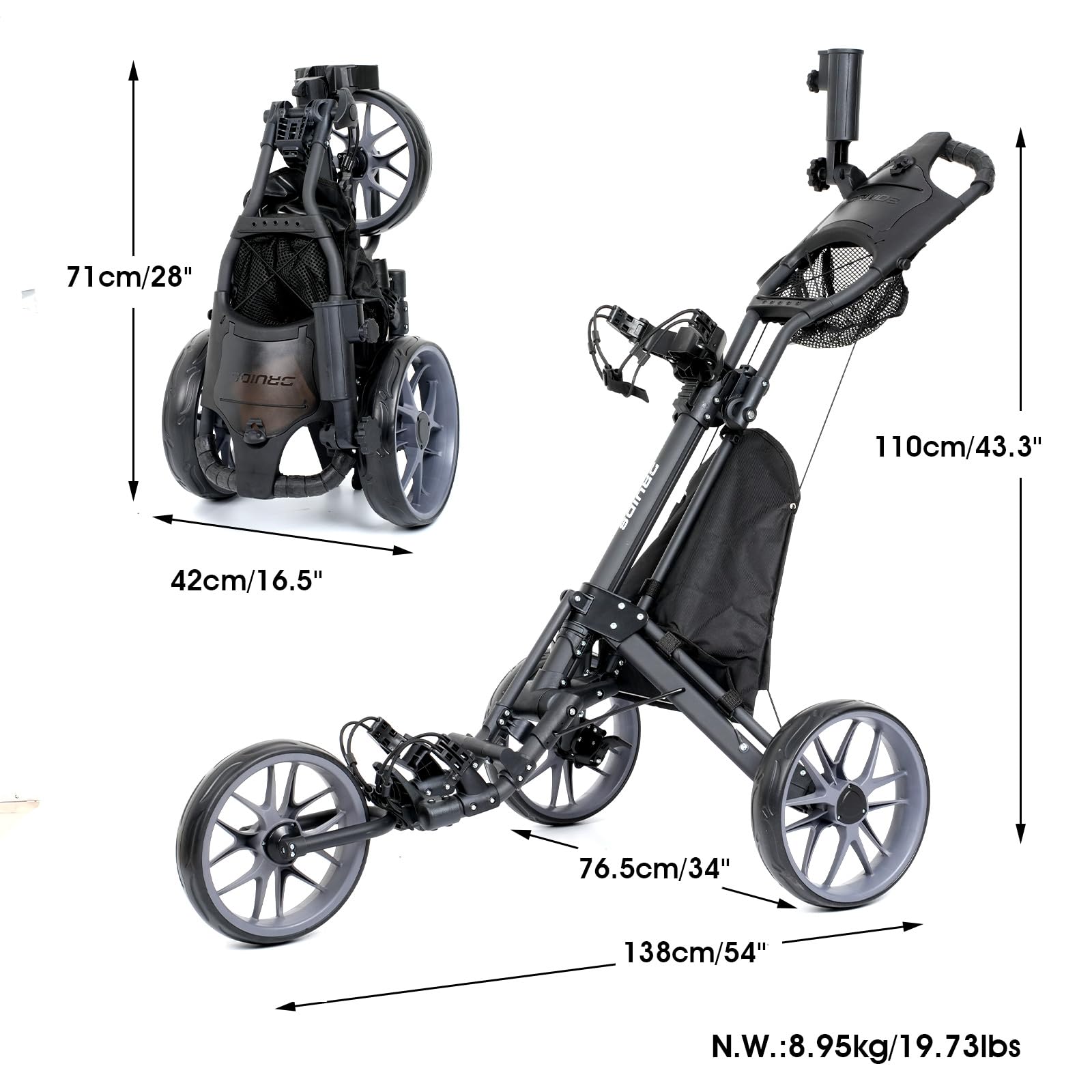 DRUIDS 3 Wheel Golf Push Cart - Lightweight Compact Folding Golf Trolley with Cooler, Brake & Cup/Umbrella Holder | Manual Pull Caddy for Walking Golfers | Perfect for Golf Courses, Driving Ranges & Outdoor Practice