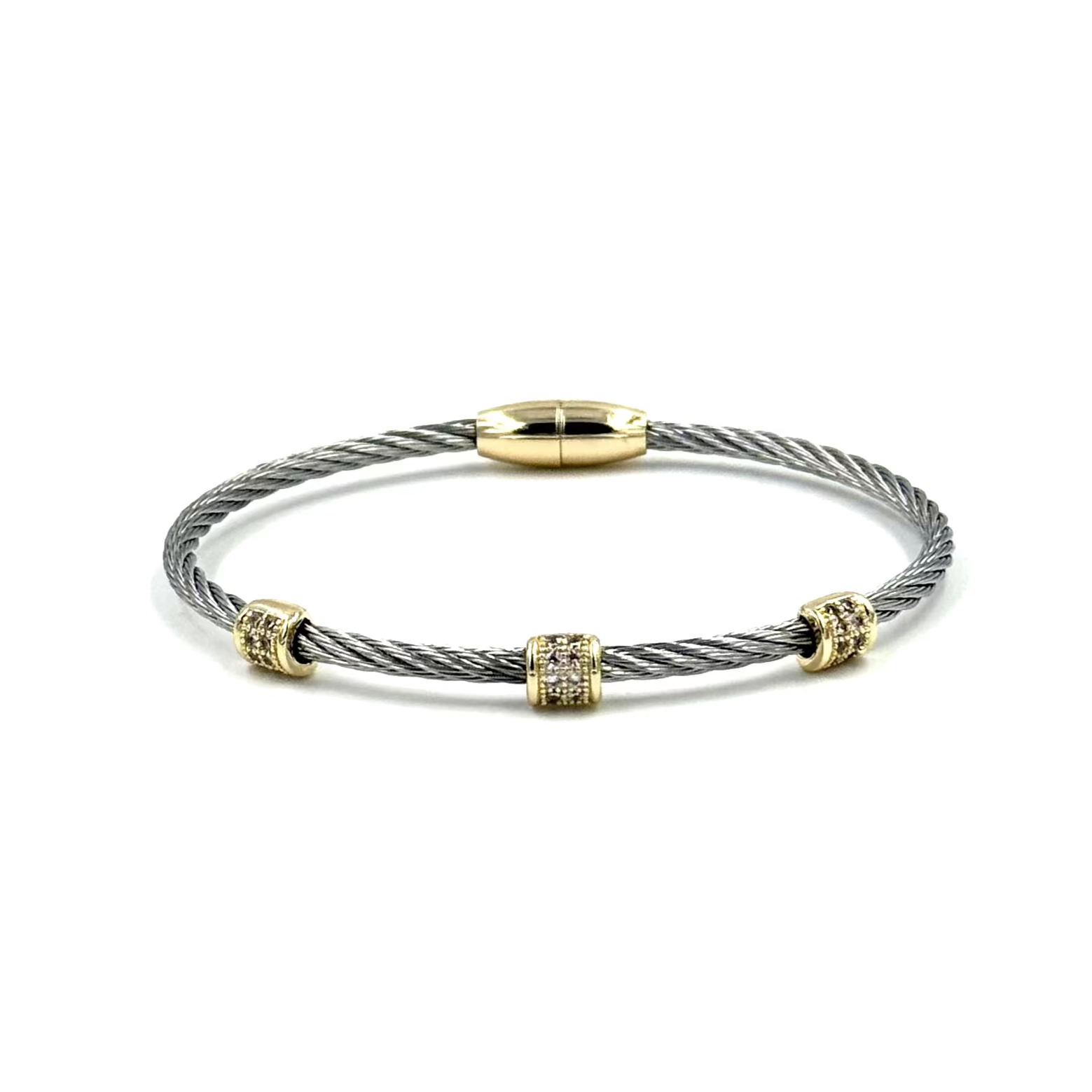 Ashley Gold Stainless Steel Two-Tone Magnetic Closure Triple Bar CZ Bangle Bracelet for Women - Elegant Jewelry Gift for Birthday, Anniversary & Special Occasions