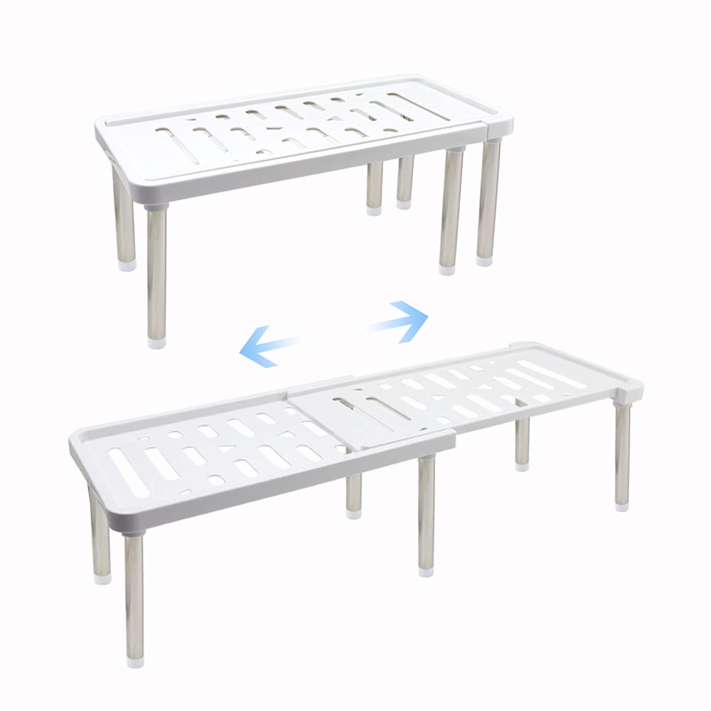 1 Pack Expandable Cabinet Organizer Shelf - 13.8 x 6.9 x 5.9 Inches Kitchen Cupboard Organizer, Free Standing Spice Rack, Retractable Storage Shelf for Bathroom, Countertop, Pantry (White) - Perfect for Small Space Organization in Kitchen, Bathroom & Closet