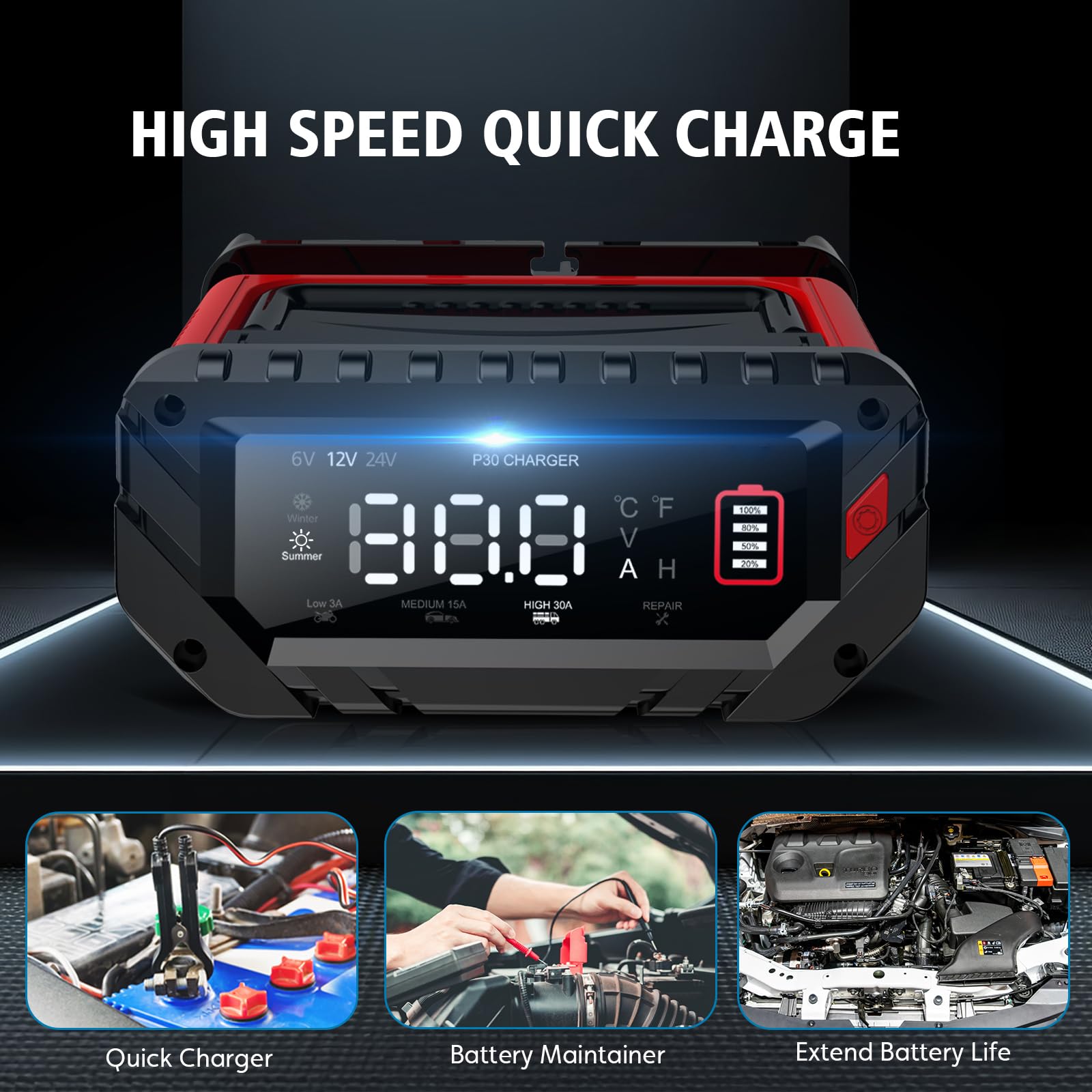 30-Amp Smart Car Battery Charger 6V/12V/24V Automatic Automotive Charger & Maintainer - Trickle Charger for Car, Motorcycle, Boat, RV - Works with Lead-Acid, Lithium, LiFePO4 Batteries - Perfect for Winter Storage & Emergency Jump Starts