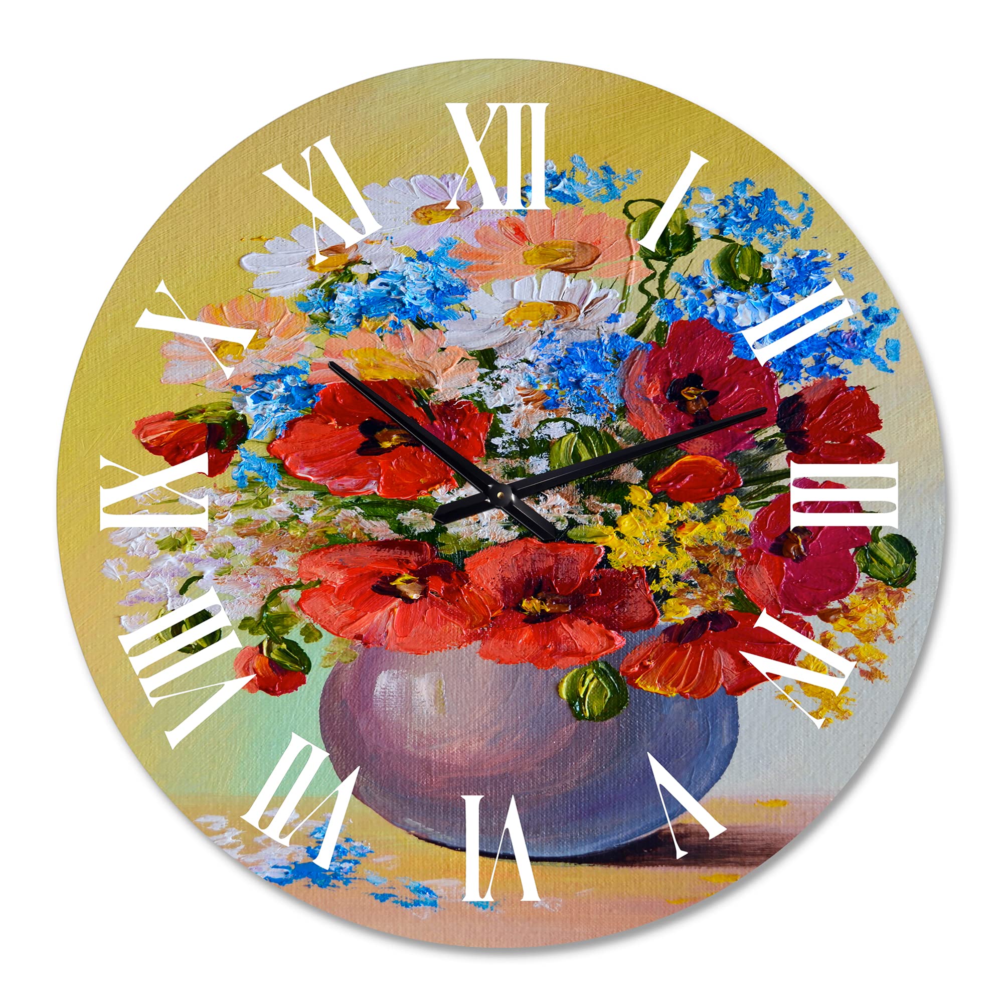 DesignQ Traditional Wall Clock - Still Life Floral Art with Red & Blue Flowers - Large Decorative Clock for Bedroom, Living Room & Office - Perfect Home Decor Gift