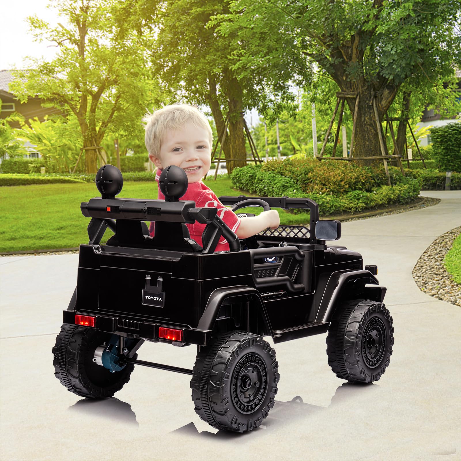12V Licensed Toyota Ride-On Truck for Kids - Battery-Powered Electric Car with Remote Control, Music, LED Lights & Suspension System - Double Doors & Safety Belt - Perfect for Indoor & Outdoor Play, Birthday Gifts & Family Fun (Black)