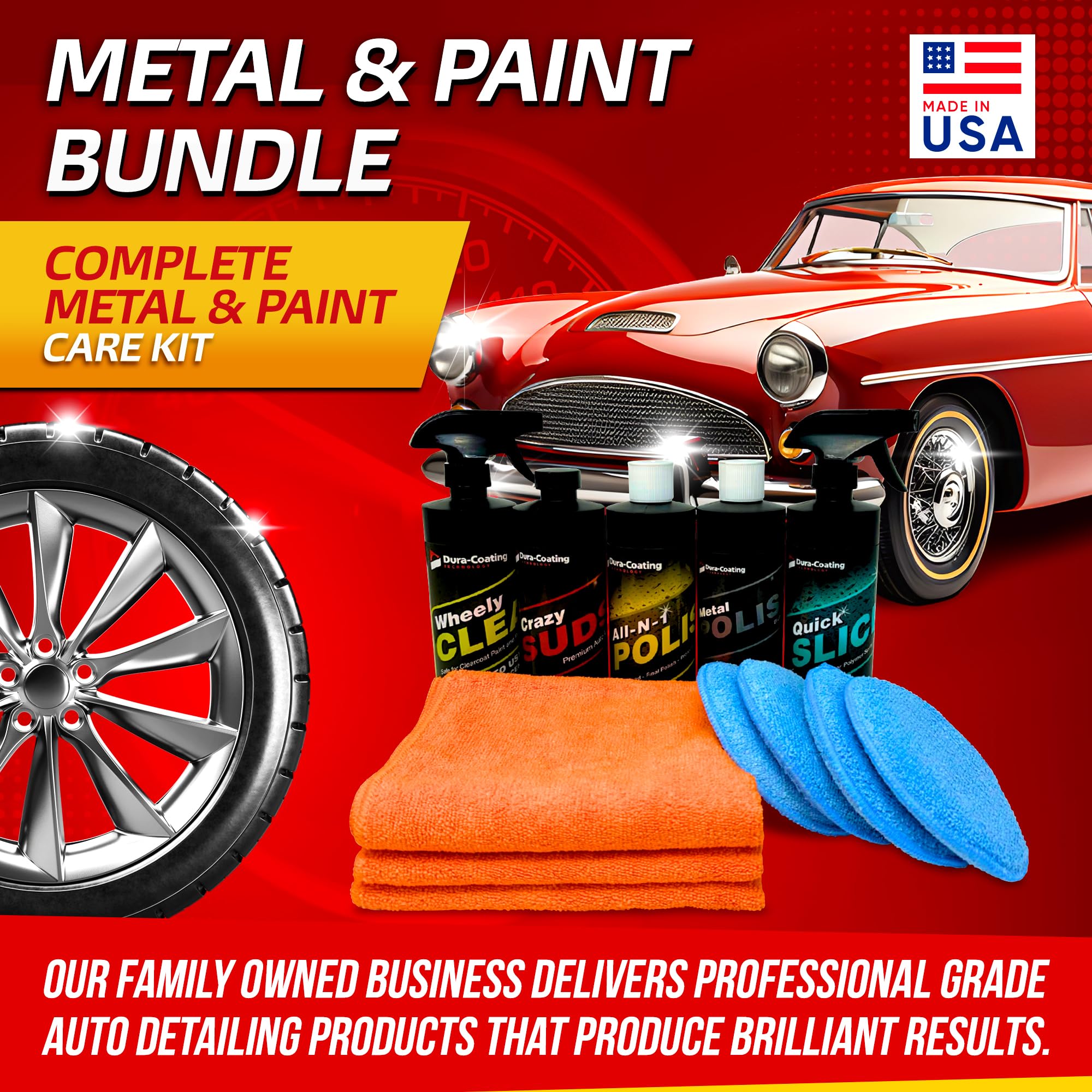 Premium Dura-Coating Metal & Paint Care Bundle - Blue Metal Polish, All-in-One Car Polish, Crazy Suds Car Wash, Wheely Clean Wheel Spray & Quick Slick Polymer Sealant with 4 Buffing Pads & Microfiber Towel - Complete Auto Detailing Kit for Cars, Motorcycles & Boats