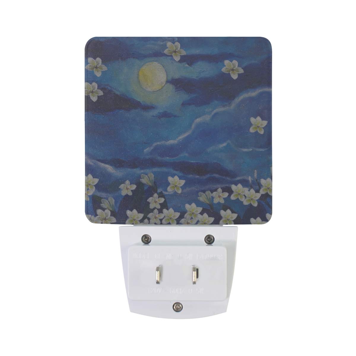 Vikko 2-Pack LED Night Light Plug in with Dusk to Dawn Sensor - White Flowers Moon Blue Sky Painting Design for Kids & Adults - Perfect for Bedroom, Living Room, Hallway & Home Decor - Creates Soothing Ambiance for Nighttime Relaxation
