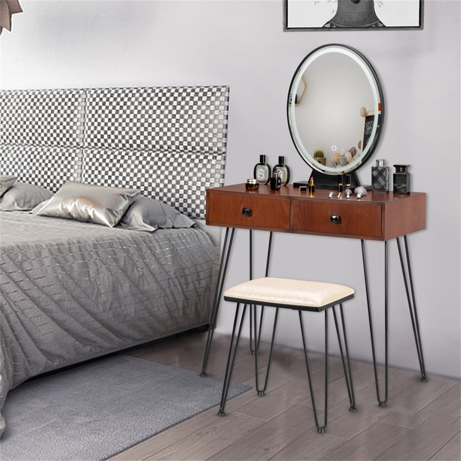 Small Vanity Table Set with Lighted Mirror & Stool - Wooden Dressing Table for Bedroom, Makeup Desk with 3-Color Adjustable Lights, Storage Drawers & Matching Bench - Perfect for Girls' Room, Beauty Routine & Cosmetics Organization (White)