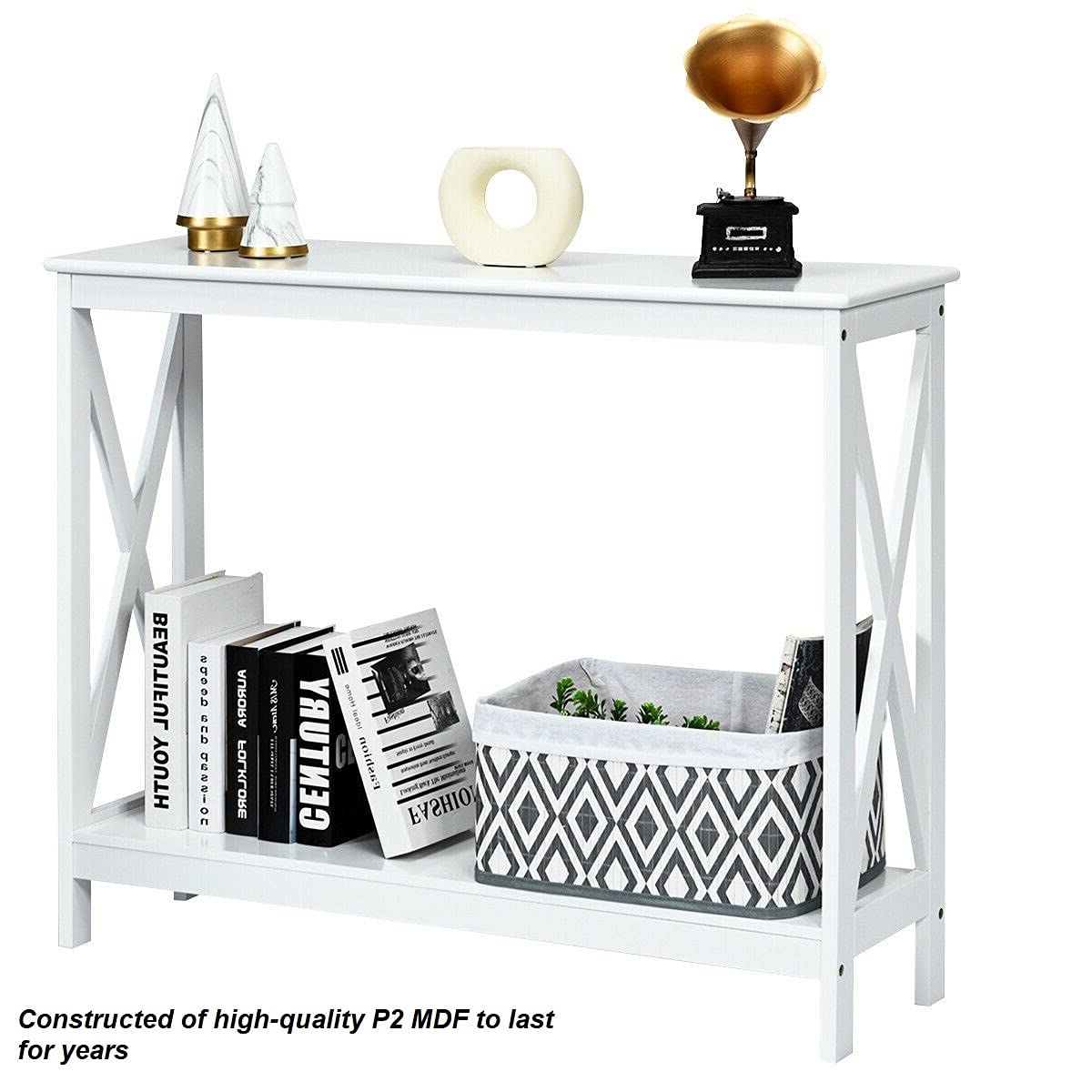 White X-Shaped 2-Tier Entryway Console Table - Modern Hallway Sofa Side Table with Bookshelf, Perfect for Displaying Books, Photo Frames, Toys & Plants | Ideal for Phone Chargers, Remotes & Keys | Living Room, Bedroom, Office Decor