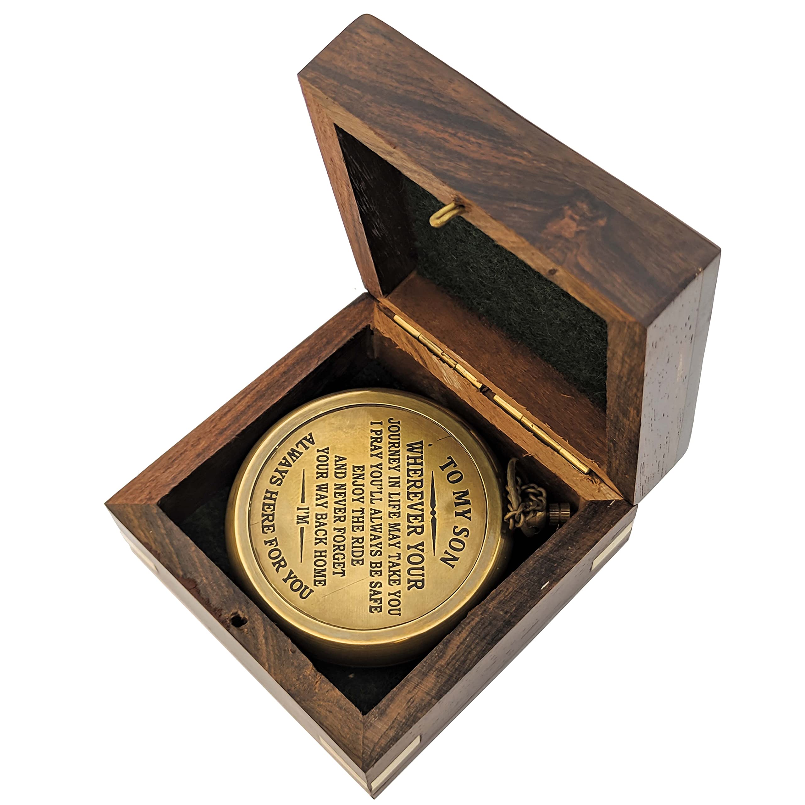 Antique Brass Engraved Compass in Handmade Wooden Box - Unique Nautical Gift for Son, Dad to Son Present, Birthday Gift for Boys - Perfect for Outdoor Adventures, Hiking, Camping & Graduation Keepsakes