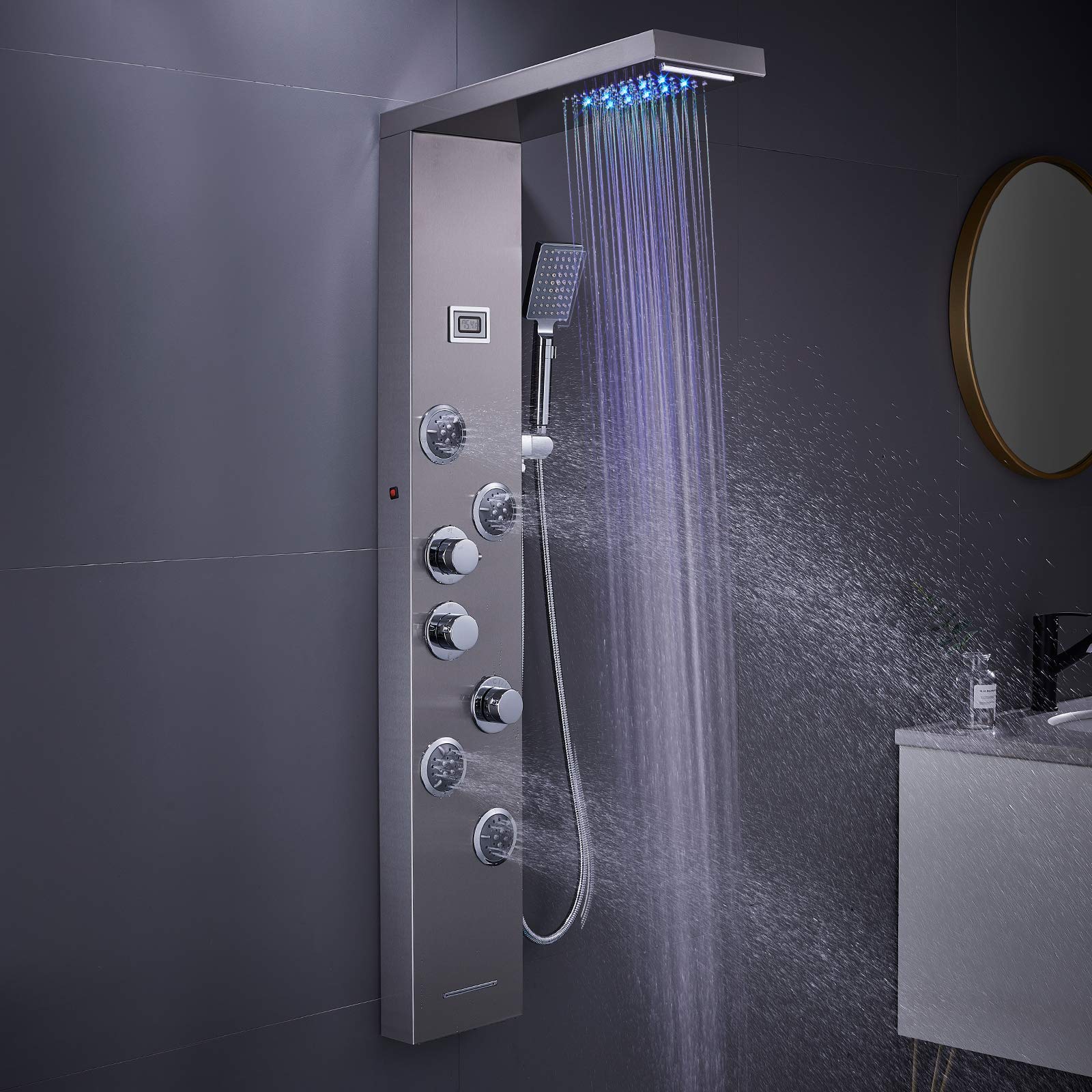 6 in 1 Stainless Steel LED Shower Panel Tower System with Rainfall Showerhead, Waterfall, Massage Jets, Tub Spout & Handheld - MENATT Brushed Finish for Luxurious Bathroom Upgrade | Perfect for Spa-Like Experience at Home