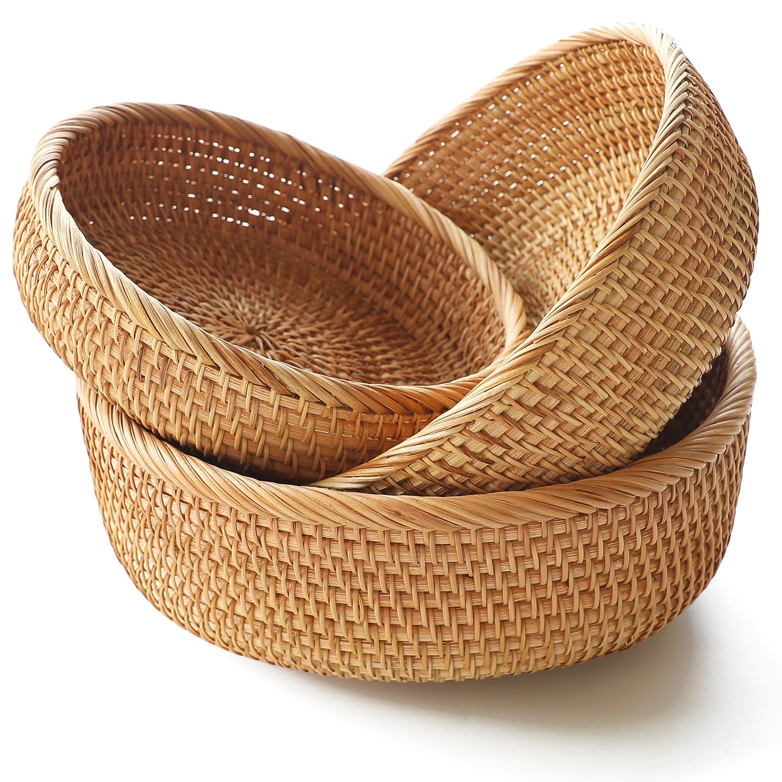 Handmade Rattan Bread Basket Set of 3 - Round Woven Wicker Fruit Serving Bowls for Kitchen Storage & Counter Organization | Natural Honey Brown Decorative Basket | Perfect for Bread Display, Fruit Serving, Pantry Storage & Home Decor