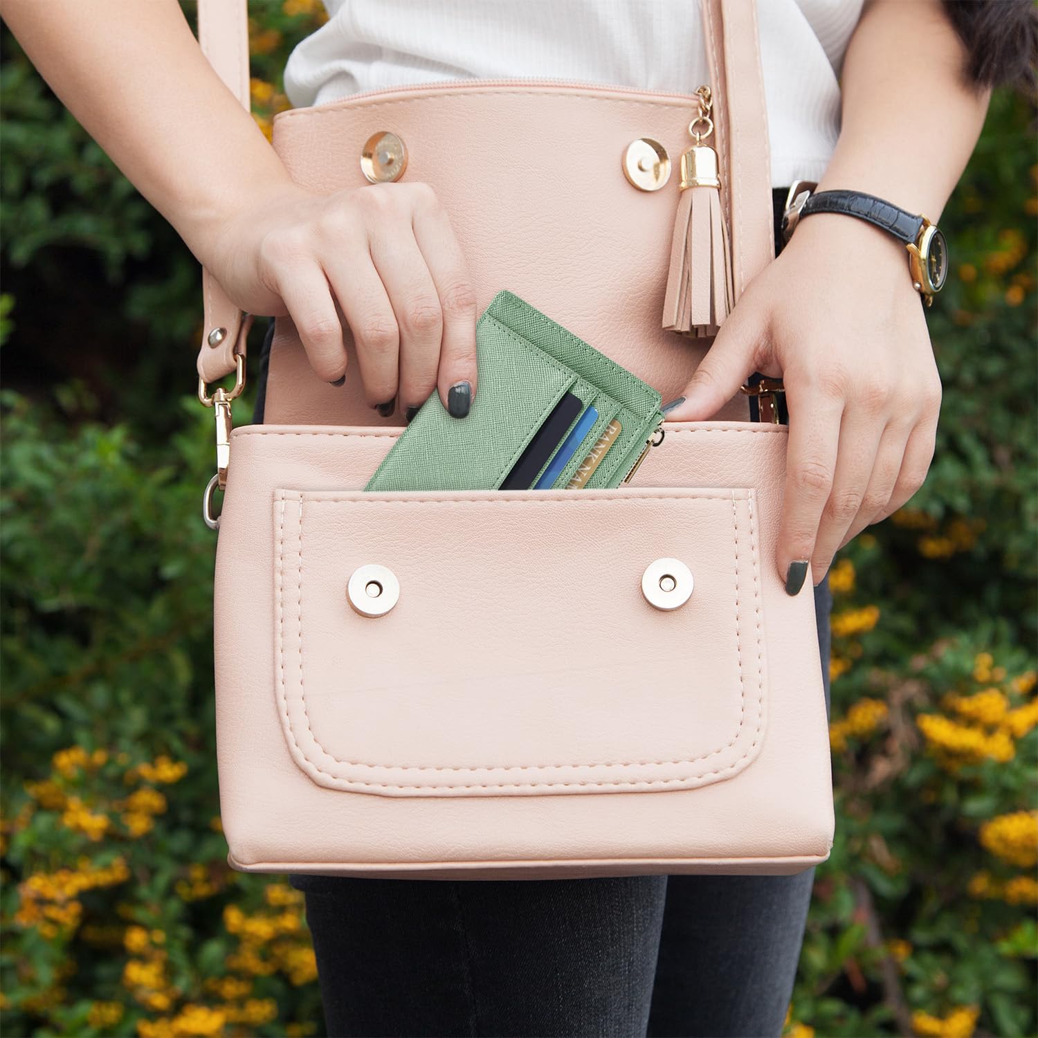 Slim Front Pocket Wallet for Women - RFID Blocking Credit Card Holder with Keychain | Minimalist Leather Card Case for ID, Cash & Keys | Perfect for Travel, Shopping & Everyday Use