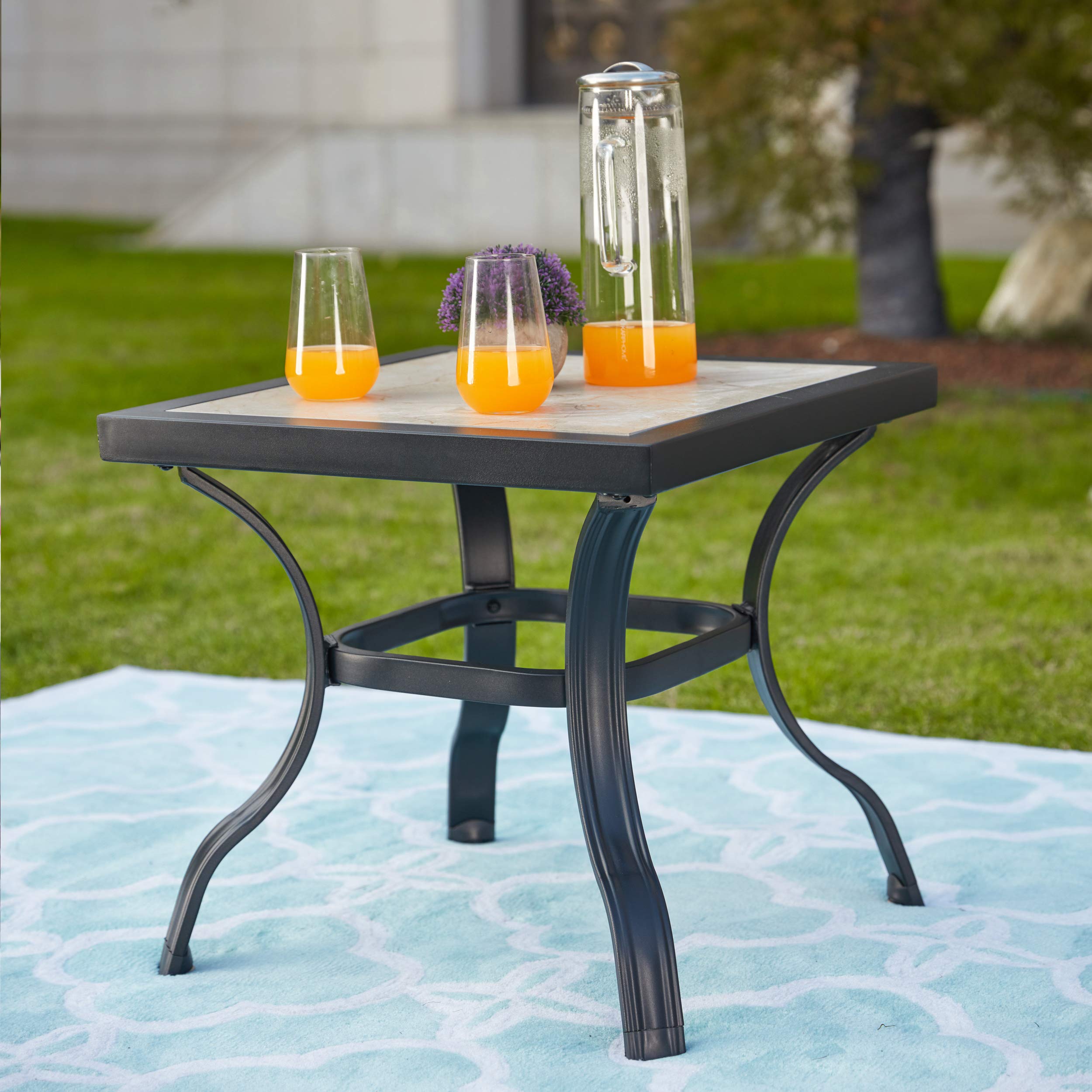 LOKATSE HOME Outdoor Patio Bistro Square End Table with Tile Top and Metal Legs - Perfect for Garden, Balcony, and Poolside Dining