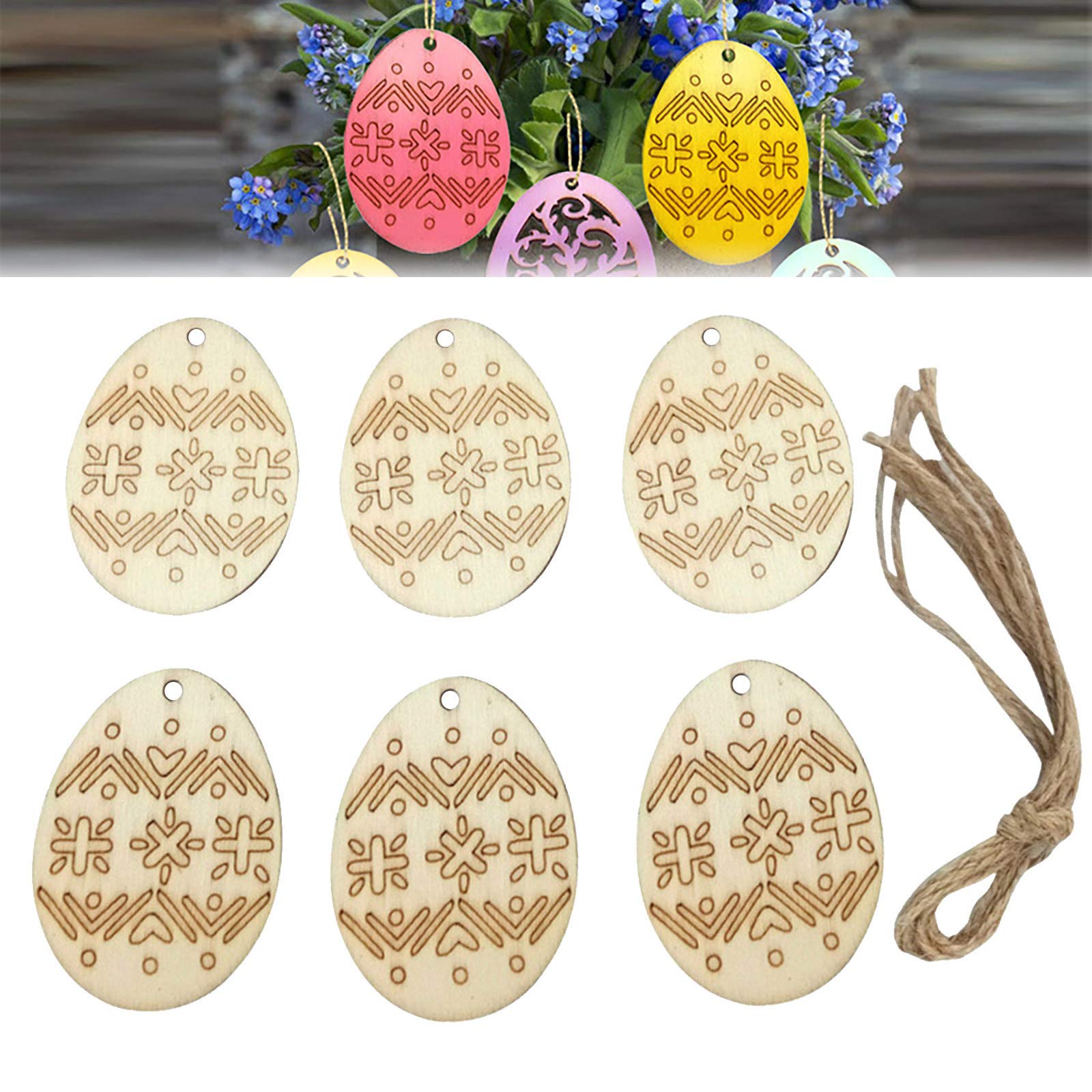 6PC Wooden Easter Eggs Hanging Ornaments - Hand Carved & Painted DIY Easter Decorations for Wall, Door, Party Supplies | Perfect for Easter Home Decor, Spring Celebrations & Gift Giving